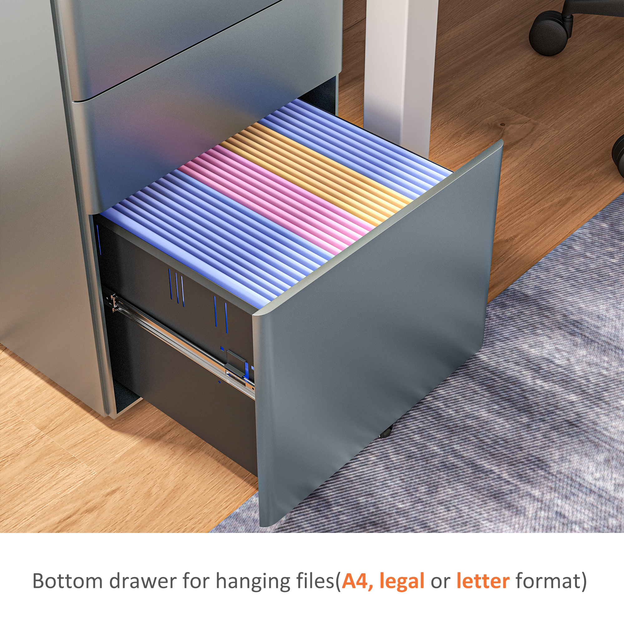 Vinsetto Lockable Cabinet, Rolling Filing Cabinet with 3 Drawers, Steel Office Drawer Unit for A4, Letter, Legal Sized Files 7