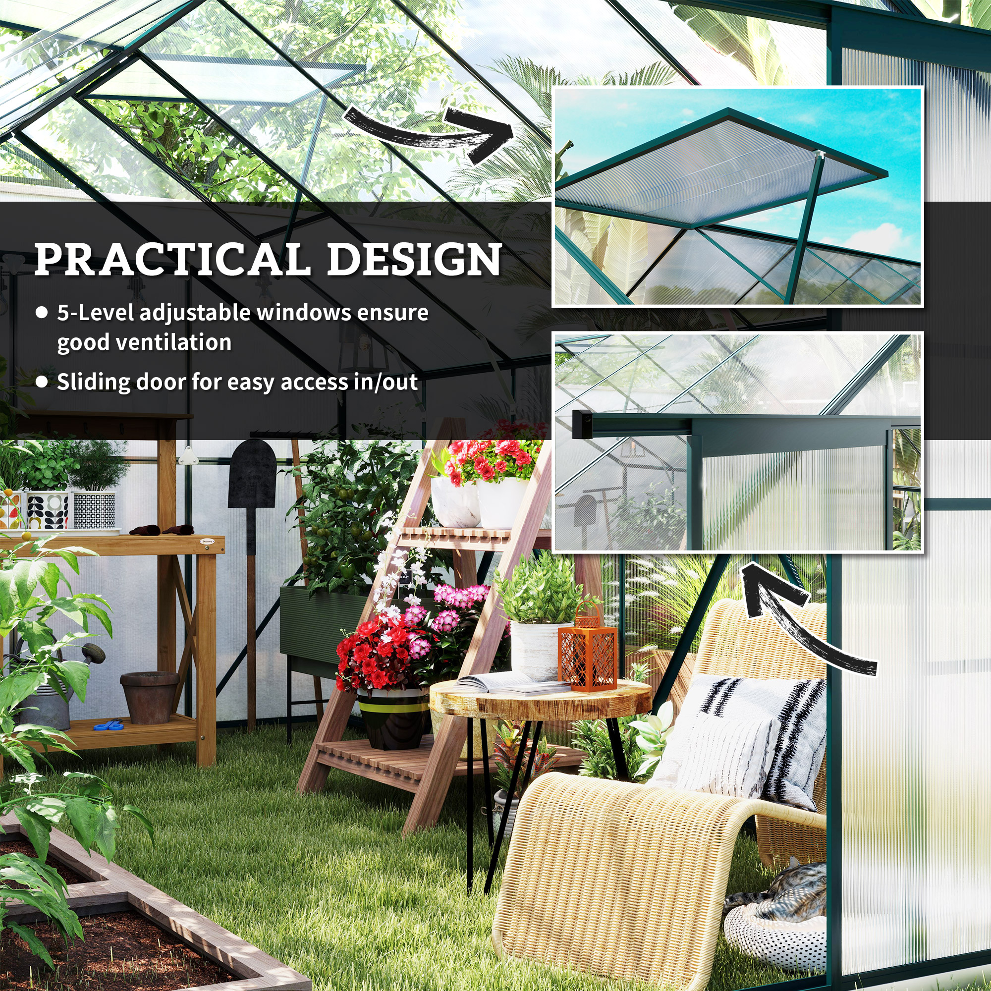 Outsunny 8 x 12ft Aluminium Greenhouse Polycarbonate Walk-in Garden Greenhouse Kit with Adjustable Roof Vent, Double Sliding Door, Rain Gutter and Foundation, Clear 5