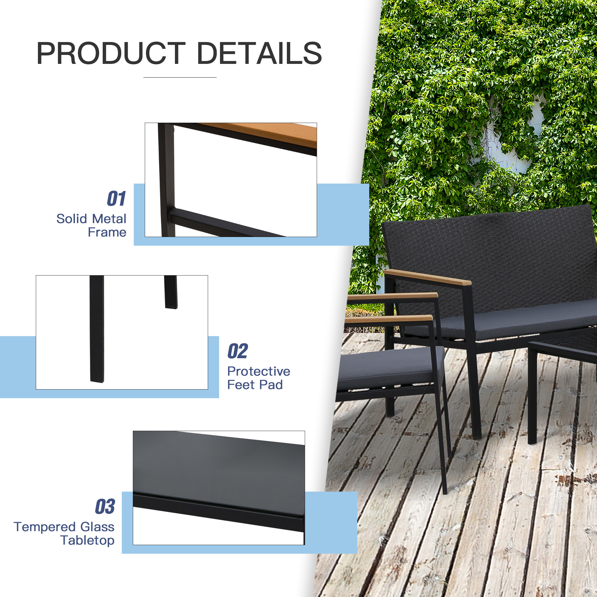 Outsunny 4 Pieces Rattan Garden Furniture Set, 4 Seater Garden Sofa Set with Loveseat, 2 Armchairs and Glass Top Coffee Table, Wicker Outdoor Conservatory Furniture with Cushions for Patio, Black 6