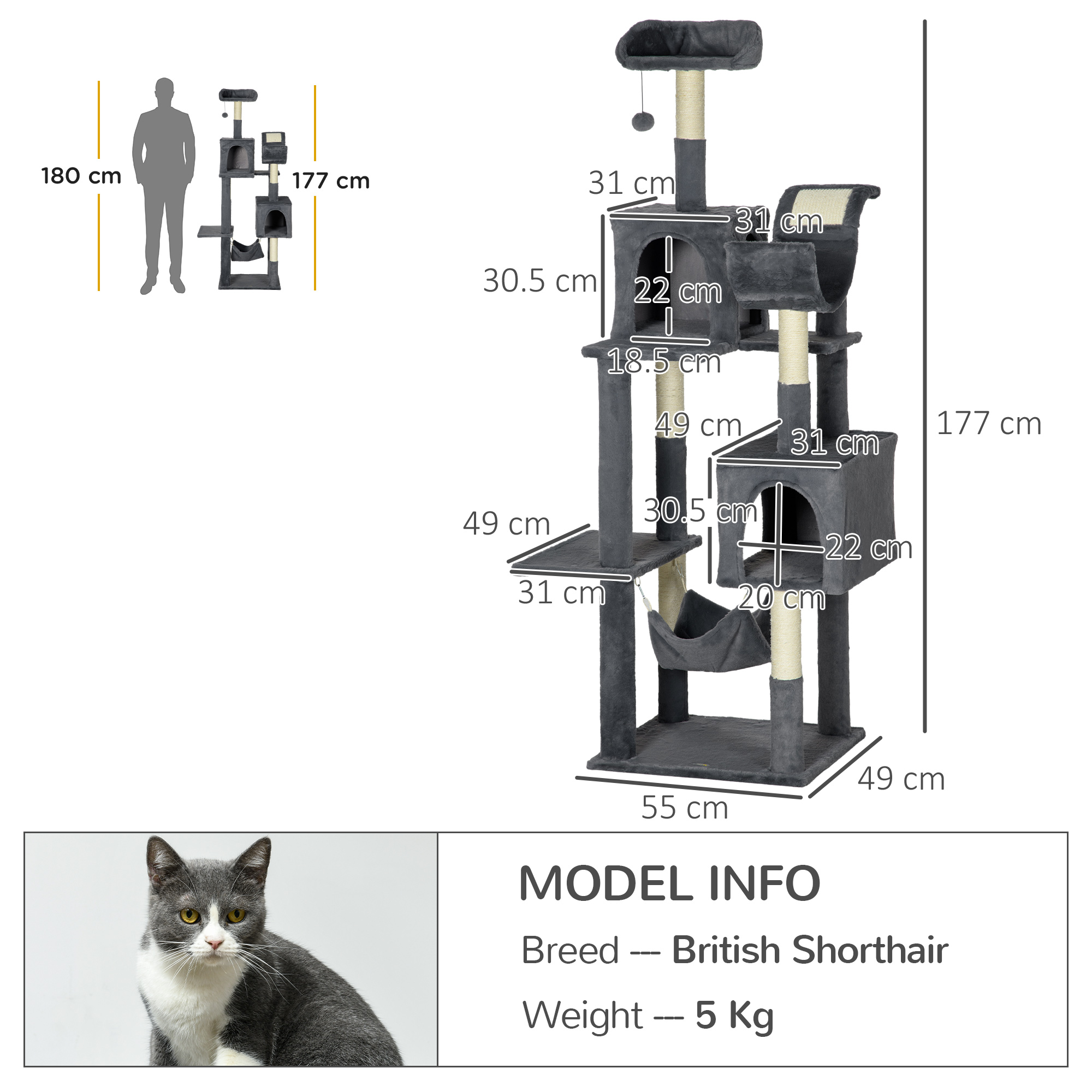 PawHut 177cm Cat Tree with Scratching Post, Hammock, Cat House Dark Grey 3