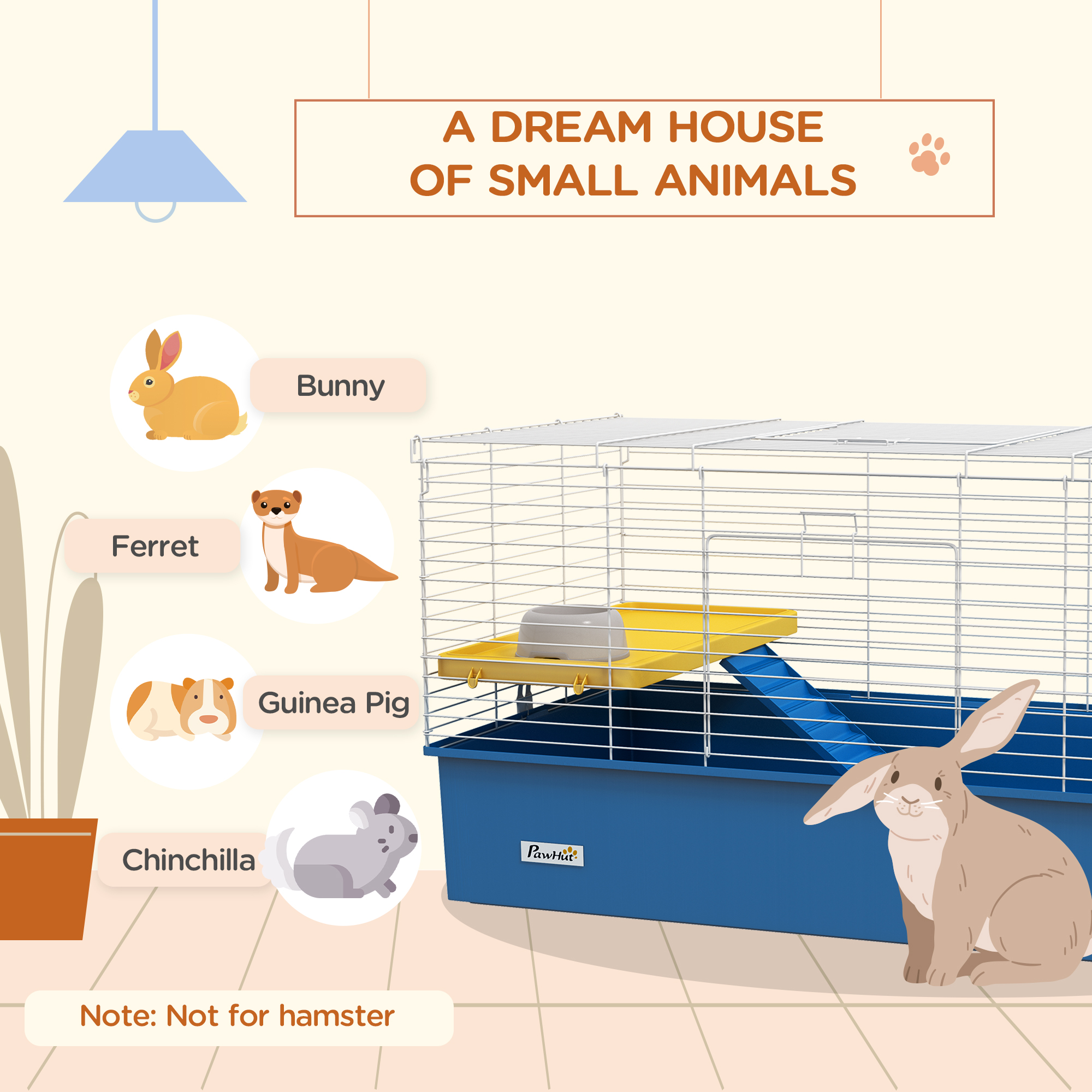 PawHut Chinchillas Small Rabbit Guinea Pig Small Animal Cage, Pet Playhouse, with Platform, Ramp, 99 x 52 x 53cm, Blue 4