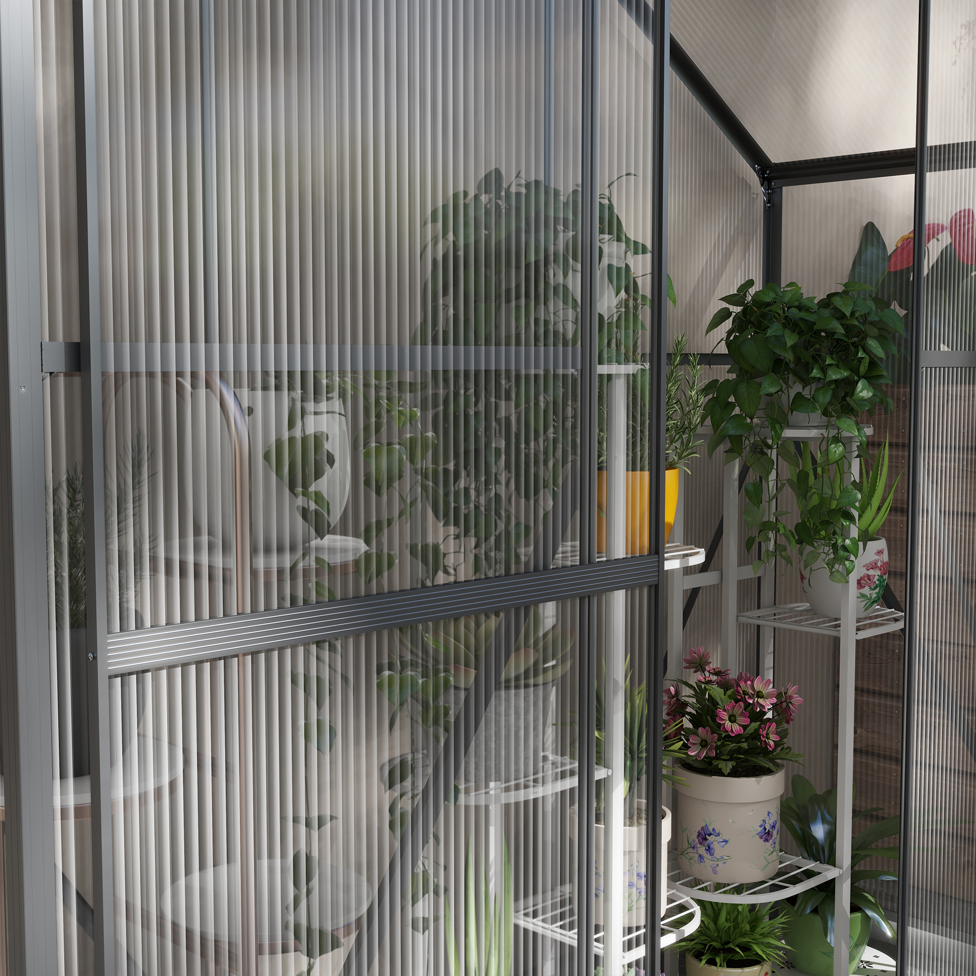 Outsunny 6 x 2.5ft Polycarbonate Greenhouse Walk-In Green House with Rain Gutter, Sliding Door, Window, Foundation, Dark Grey 9
