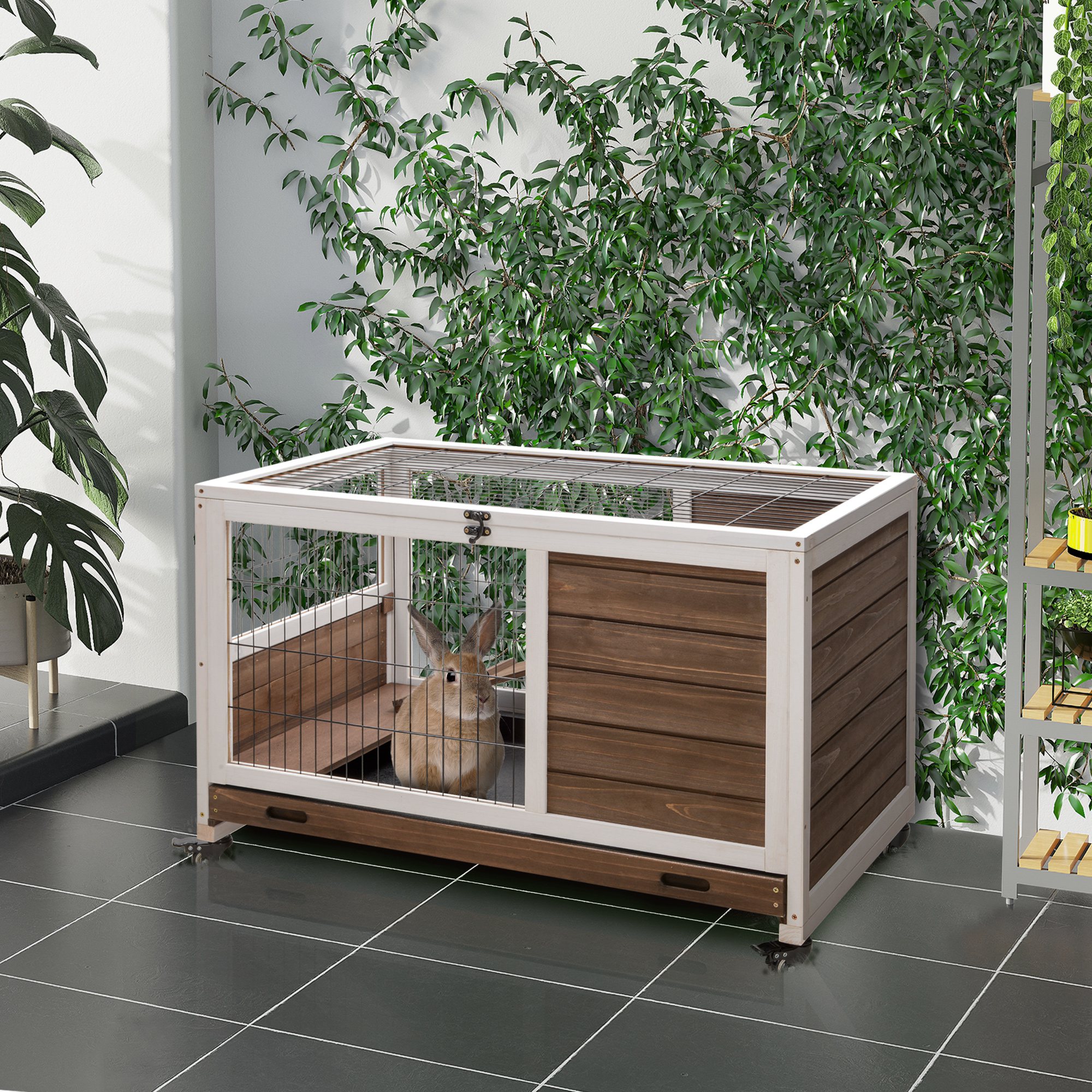 PawHut Wooden Guinea Pig Hutch, 2-Floor Bunny Cage w/ Enclosed Run Area, Brown 2