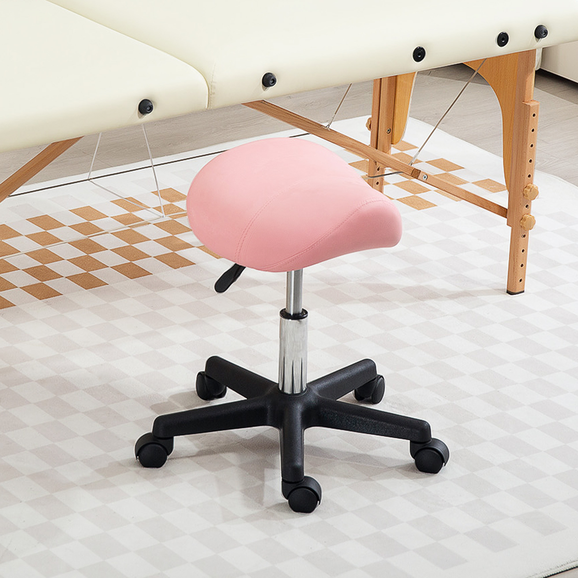HOMCOM Saddle Stool, PU Leather Adjustable Rolling Salon Chair with Steel Frame for Massage, Spa, Beauty and Tattoo, Pink 7