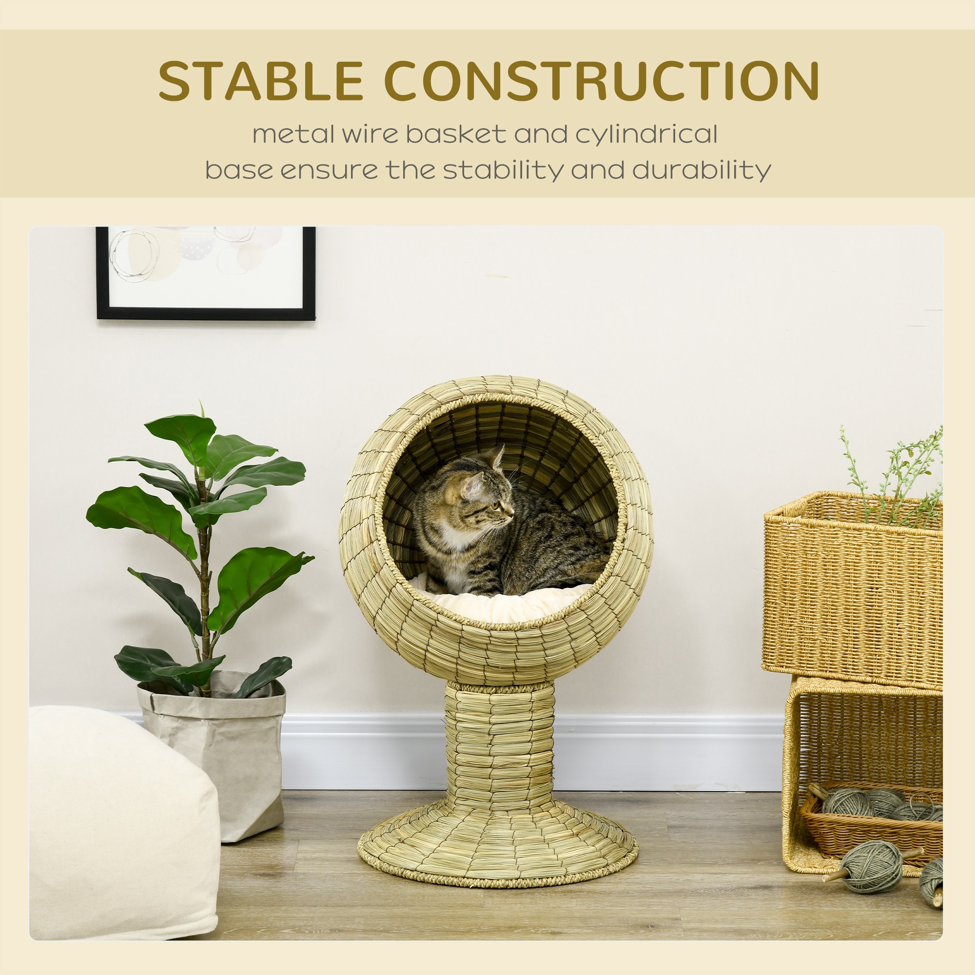 PawHut Raised Detachable Cat house, Natural Mat Grass Cat Bed, with Cushion 4