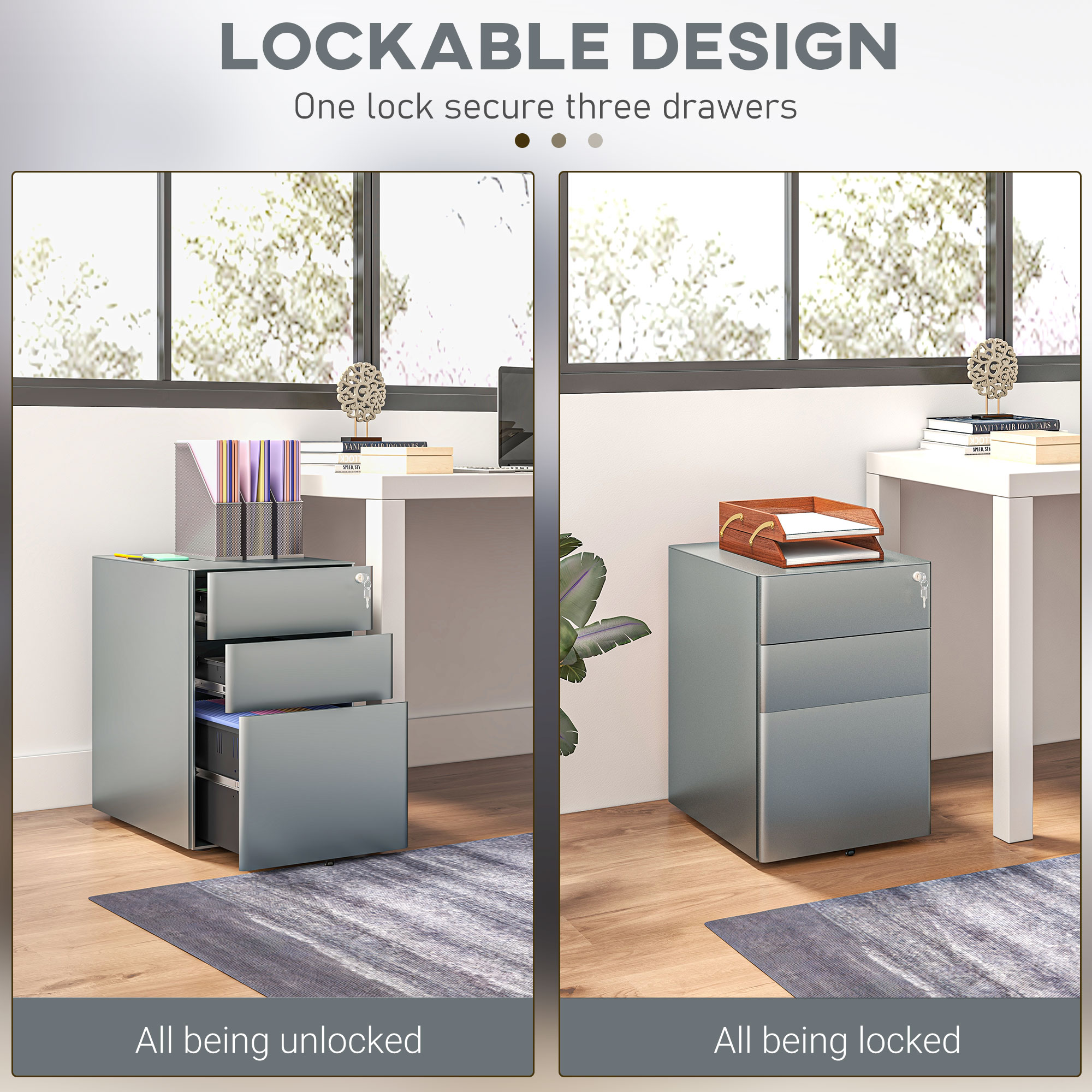 Vinsetto Lockable Cabinet, Rolling Filing Cabinet with 3 Drawers, Steel Office Drawer Unit for A4, Letter, Legal Sized Files 4