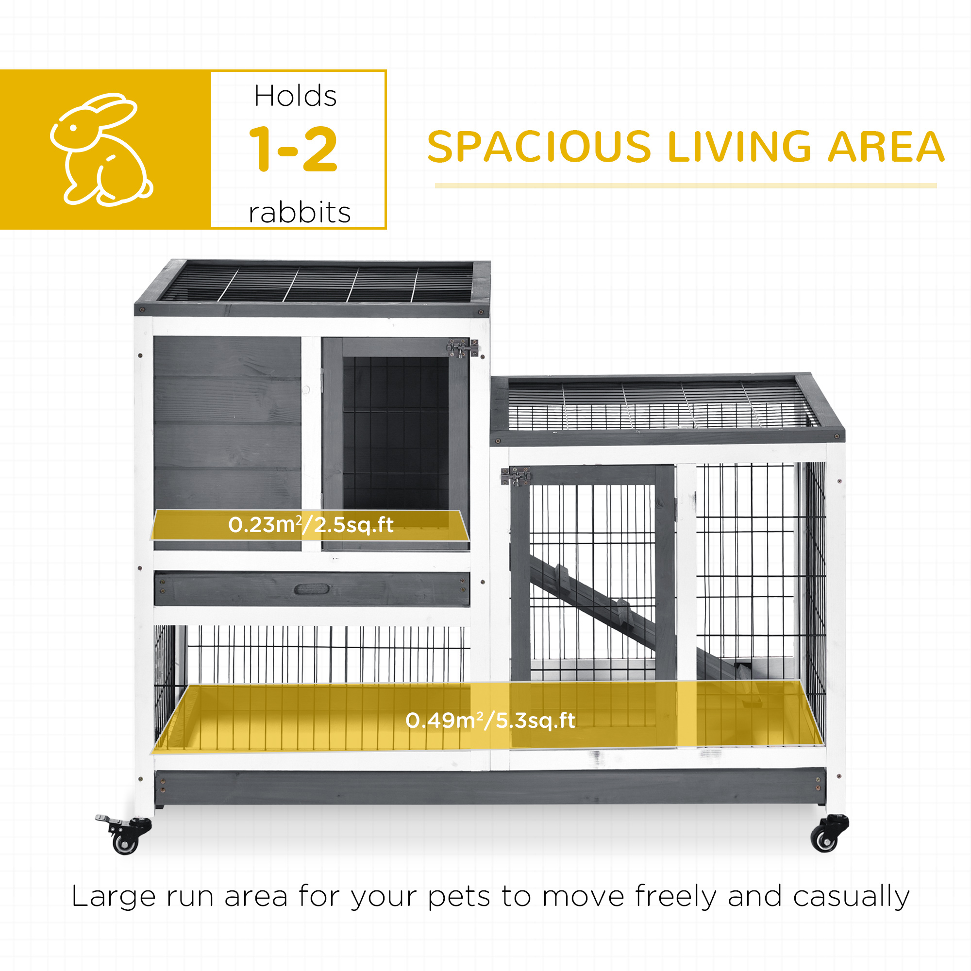 PawHut Wooden Indoor Rabbit Hutch Guinea Pig House Bunny Small Animal Cage W/ Wheels Enclosed Run 110 x 50 x 88 cm, Grey 4