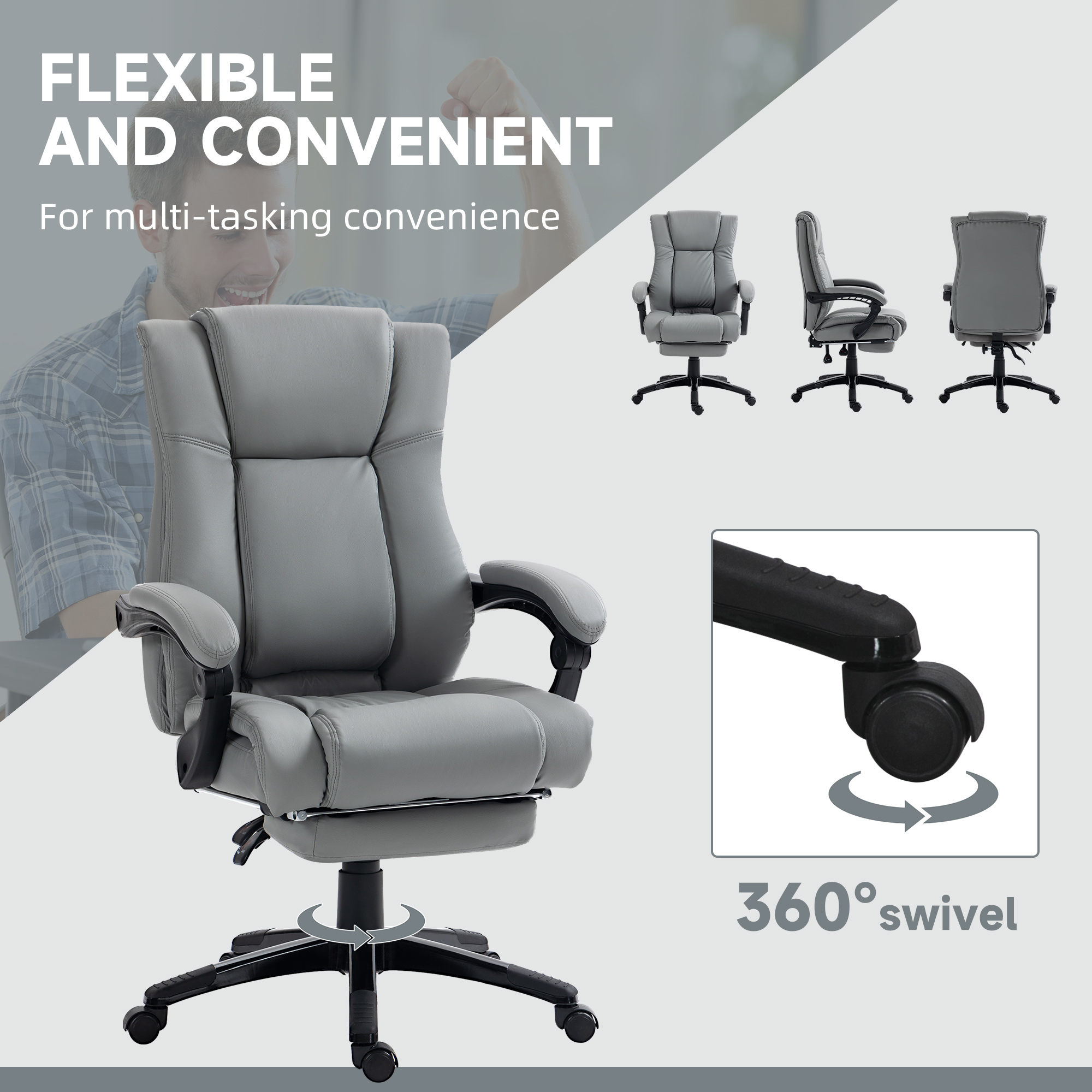 Vinsetto PU Leather Office Chair, Swivel Computer Chair with Footrest, Wheels, Adjustable Height, Grey 6