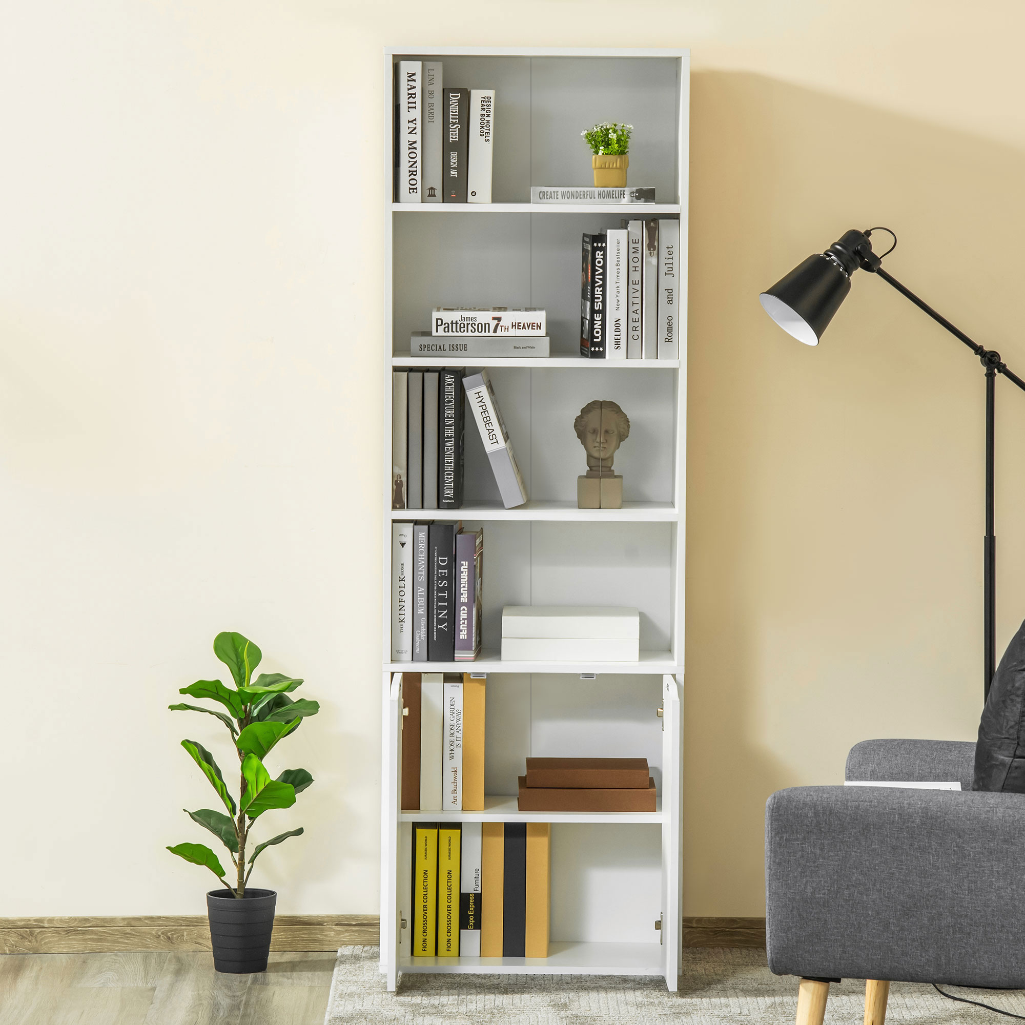 HOMCOM 6-Tier Tall Bookcase, Bookshelf with 4 Open Shelves and Double Door Storage Cabinet, Freestanding Display Rack for Living Room, Bedroom, Home Office, Study, 59 x 29 x 180cm, White 7