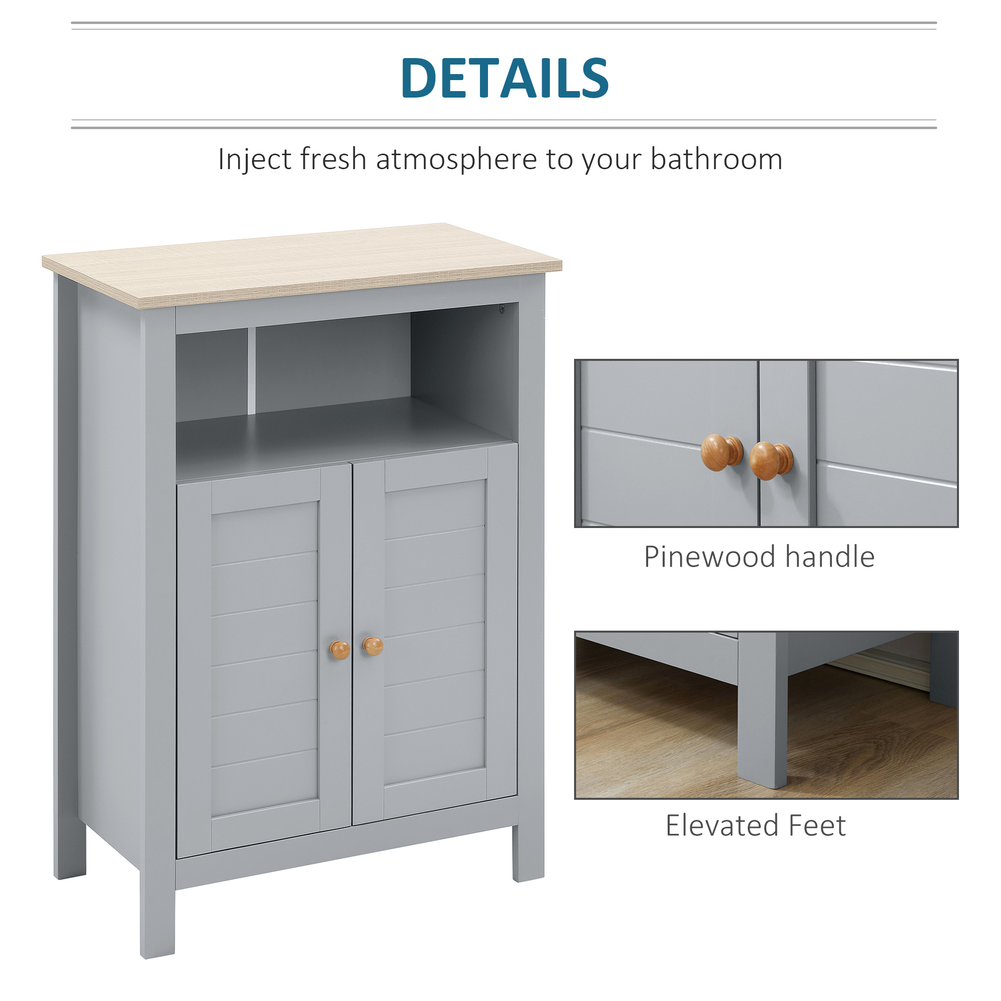 kleankin Bathroom Floor Cabinet, Free Standing Cupboard with Double Doors and Adjustable Shelf for Kitchen, Hallway, Living Room, Grey 7