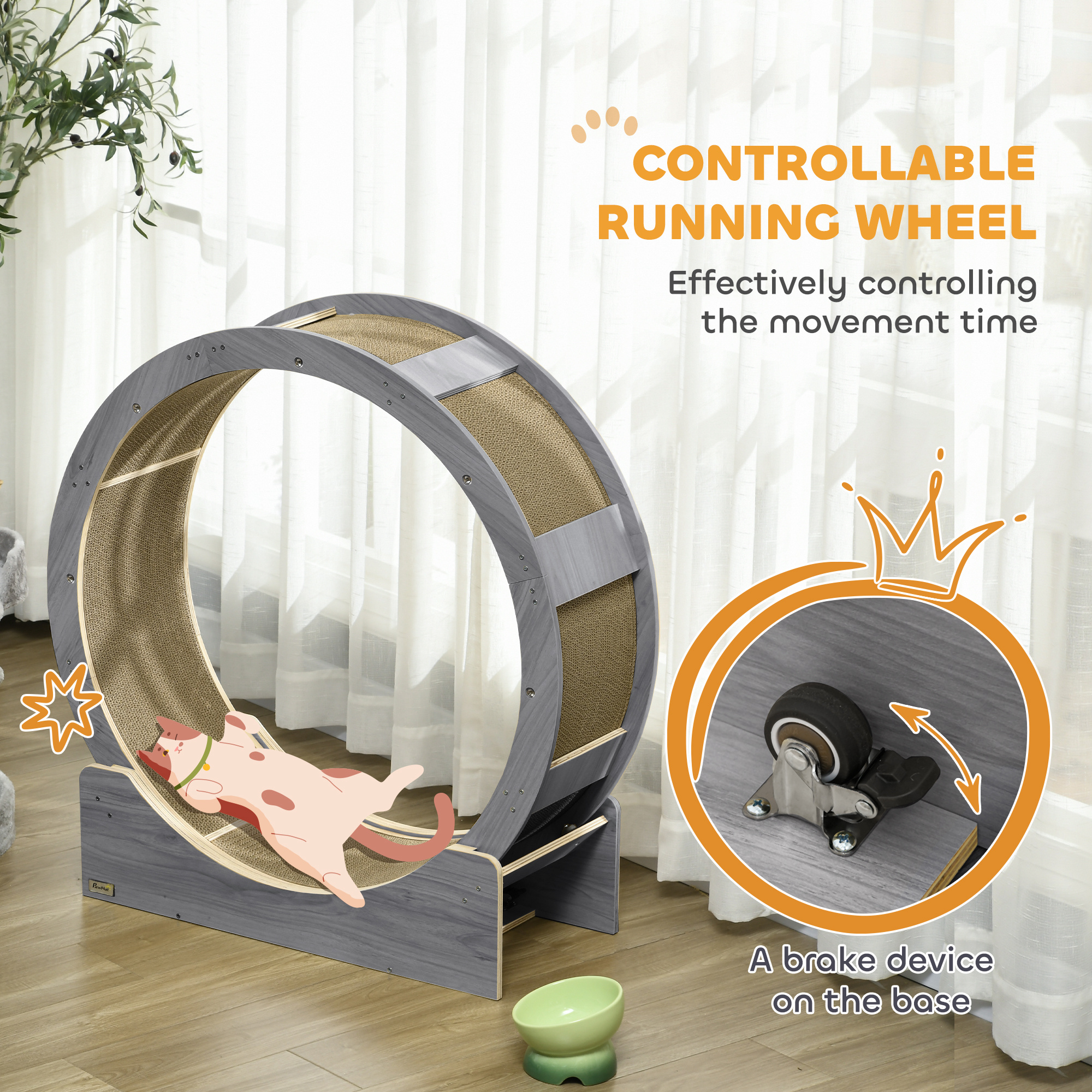 PawHut Cat Wheel with Brake, Scratching Pads Grey 6