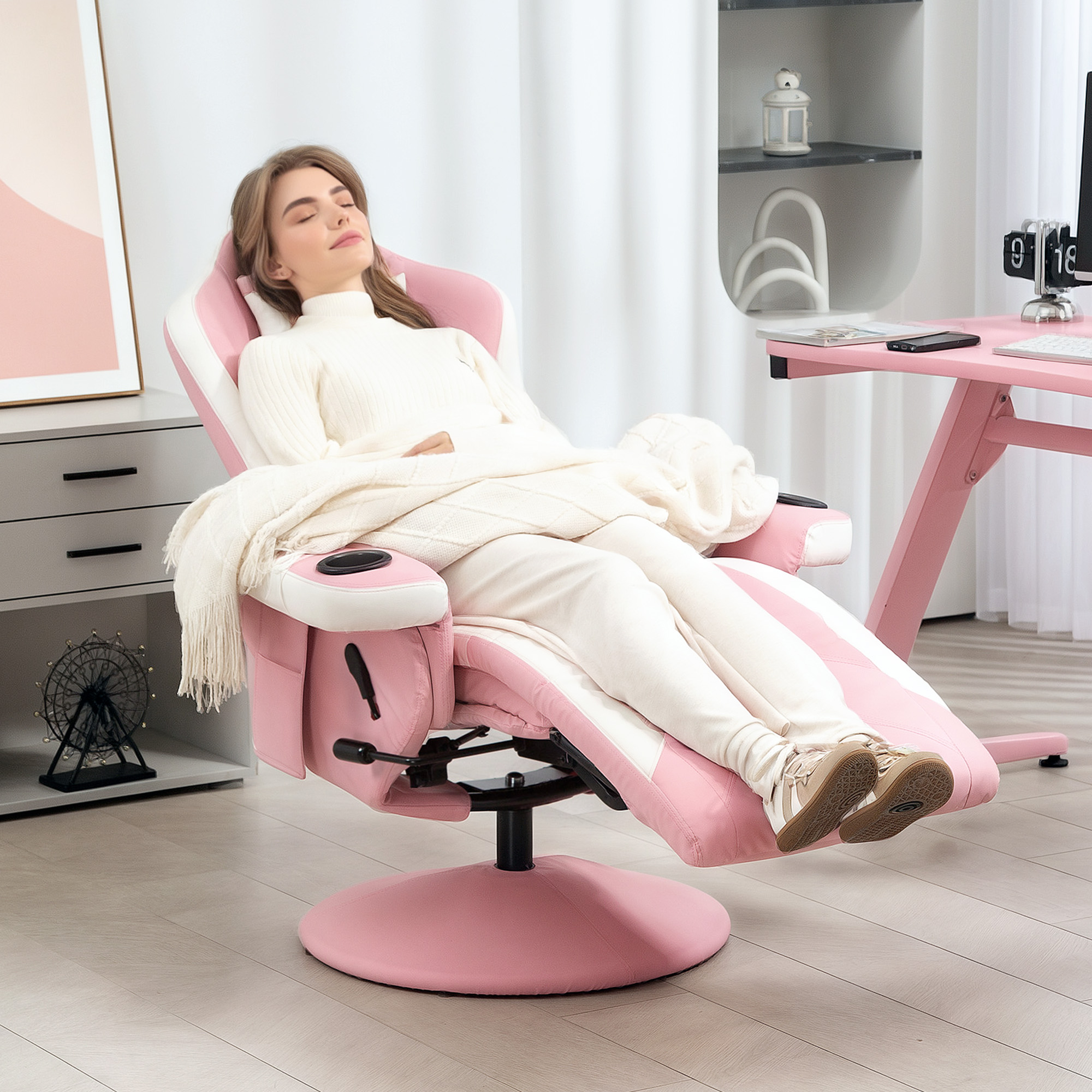HOMCOM Manual Recliner Armchair PU Leather Lounge Chair w Adjustable Leg Rest, 135° Reclining Function, 360° Swivel, Pink 7