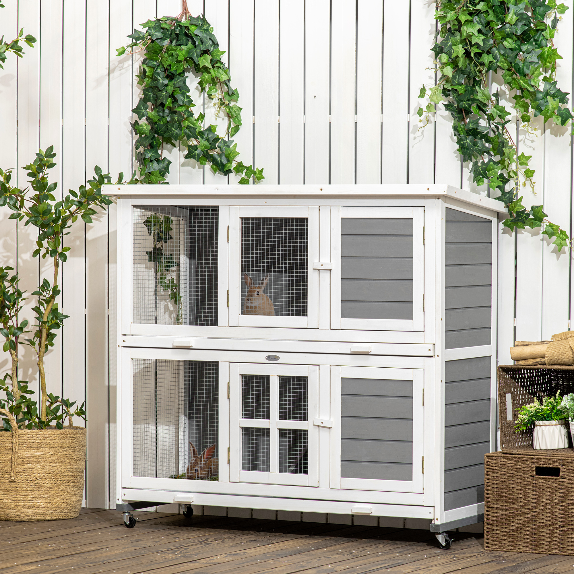 PawHut Wooden Rabbit Hutch, Two-Tier Guinea Pig Cage, with Removable Tray, Wheels 2