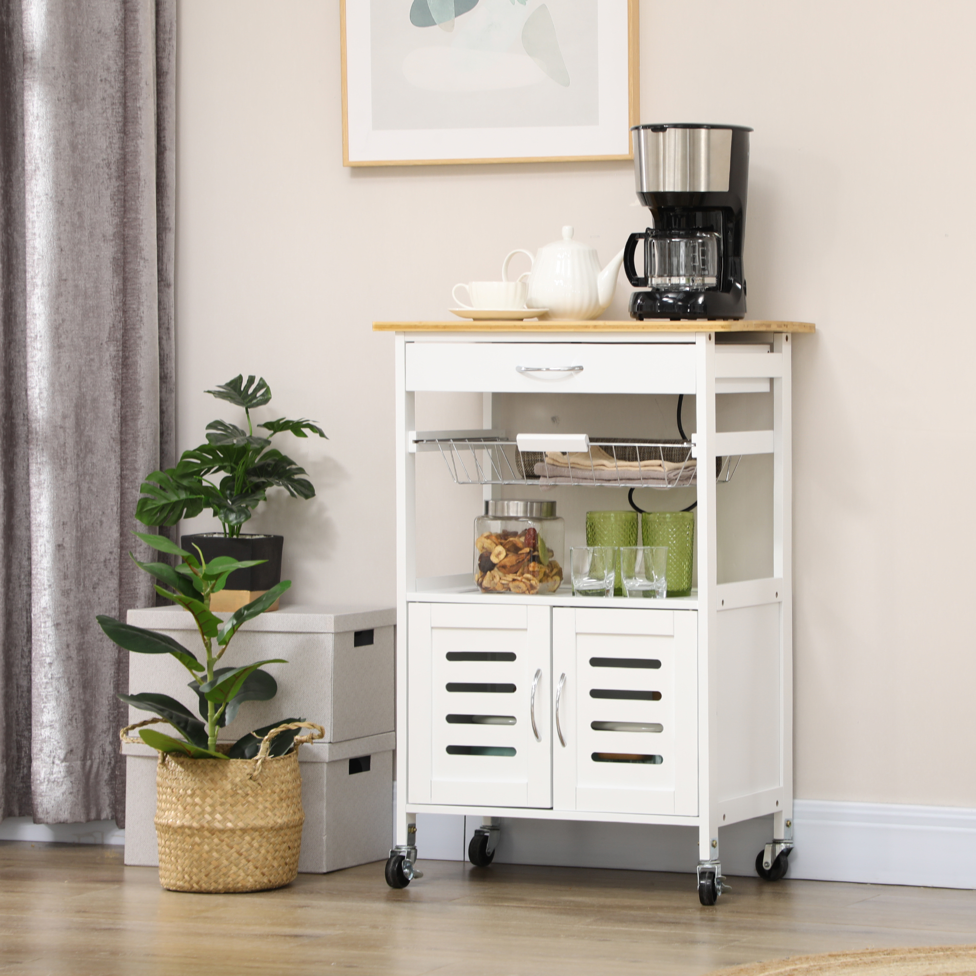 HOMCOM Rolling Kitchen Island Trolley Utility Cart on Wheels with Bamboo Table Top, Storage Cabinet, Drawer and Wire Basket 2