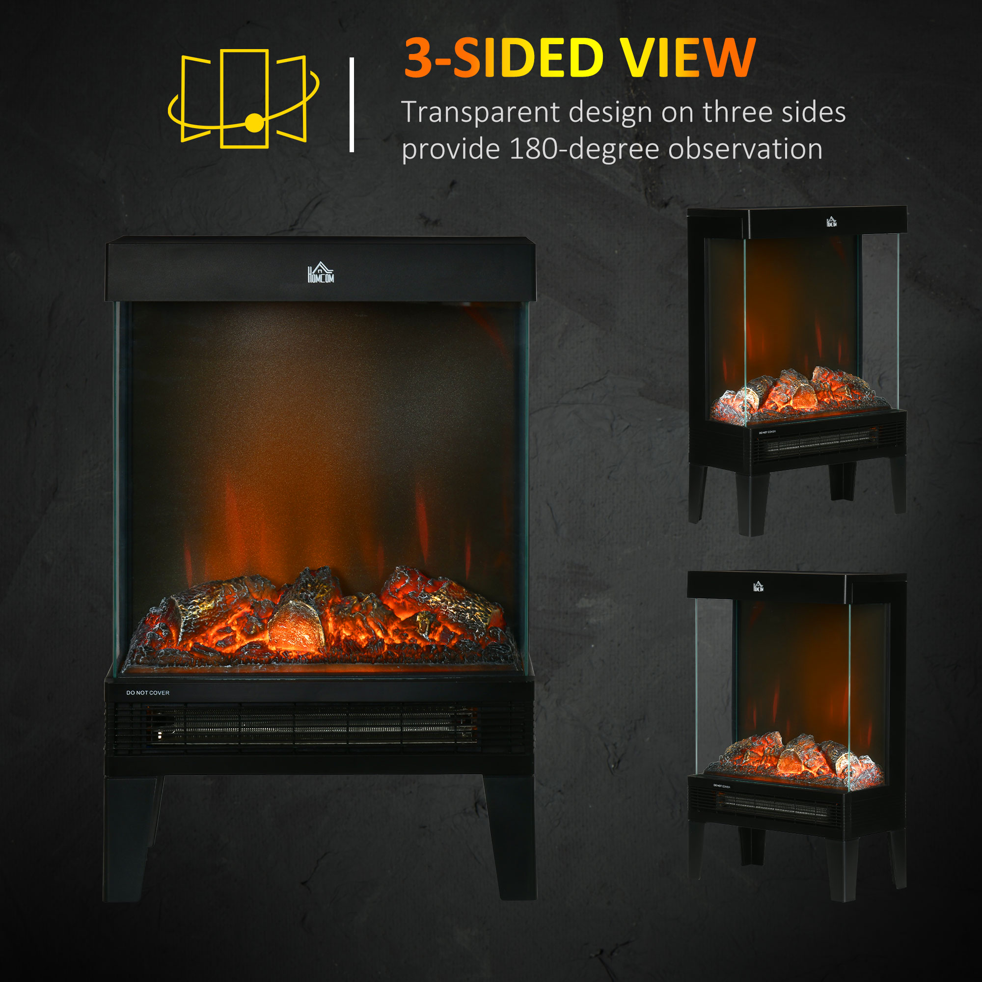 HOMCOM 180° Charming Electric Fireplace Heater, Quiet Freestanding Stove with LED Flame Effect, Level-less Temperature Control, Overheating Protection, 1000W/2000W, Black 5