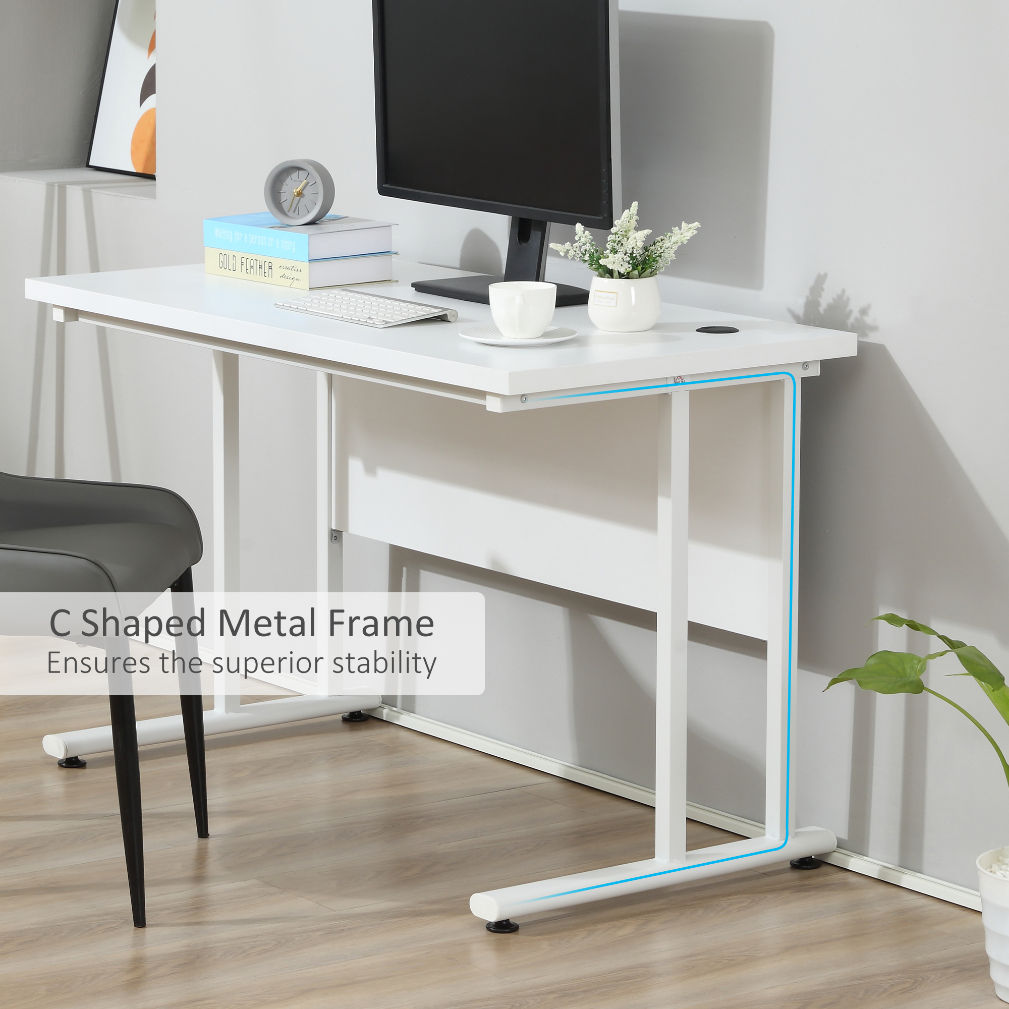 HOMCOM Computer Desk, Home Office Desk, Writing Table, 120x60x75cm Laptop Workstation with 2 Cable Management Holes, C Shaped Metal Legs for Adults, White 6