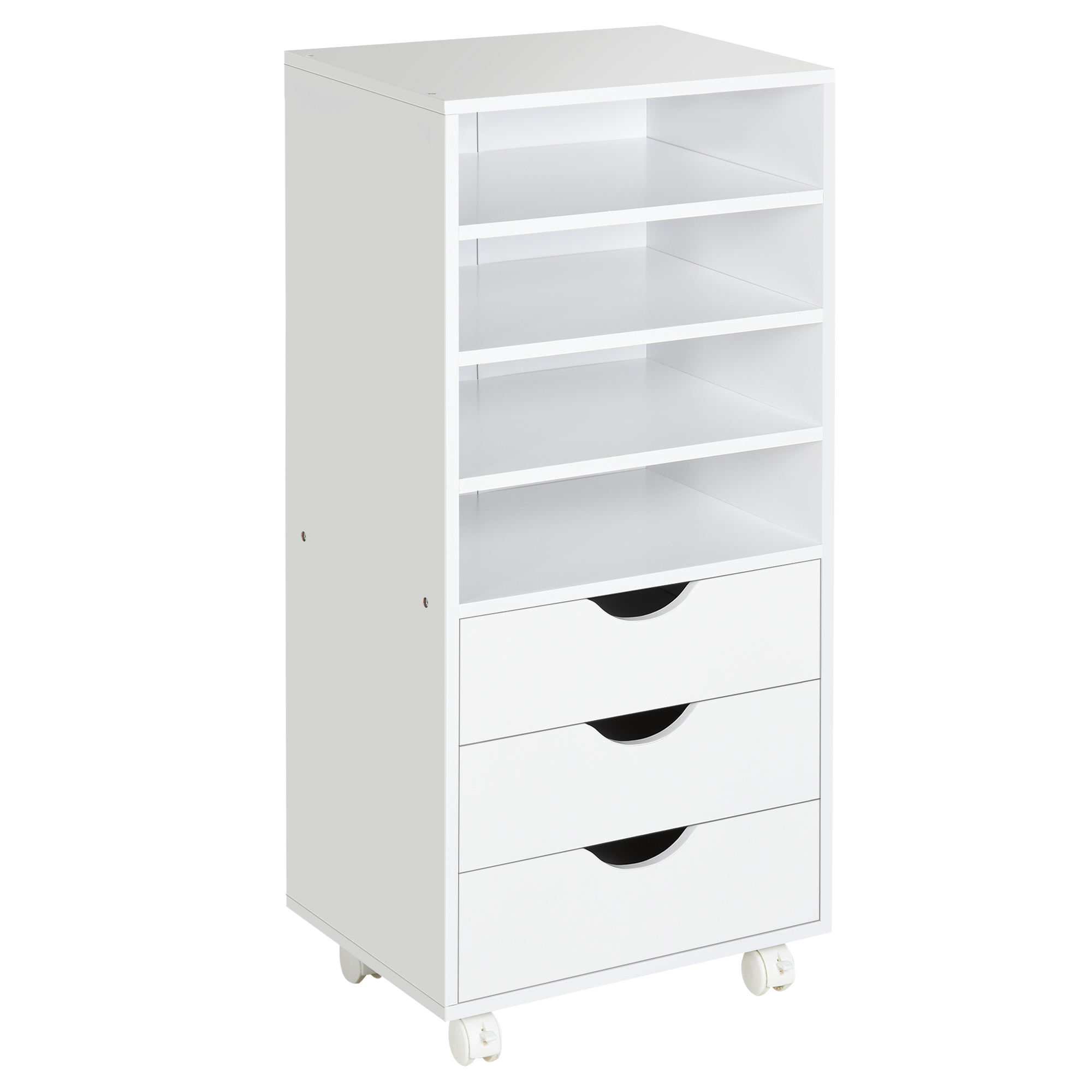 Vinsetto Mueble Auxiliar para Oficina Estudio Gran Espacio de Almacenaje con 3 Cajones 4 Estantes Abiertos 4 Ruedas 40x30x83 cm Blanco | Aosom España