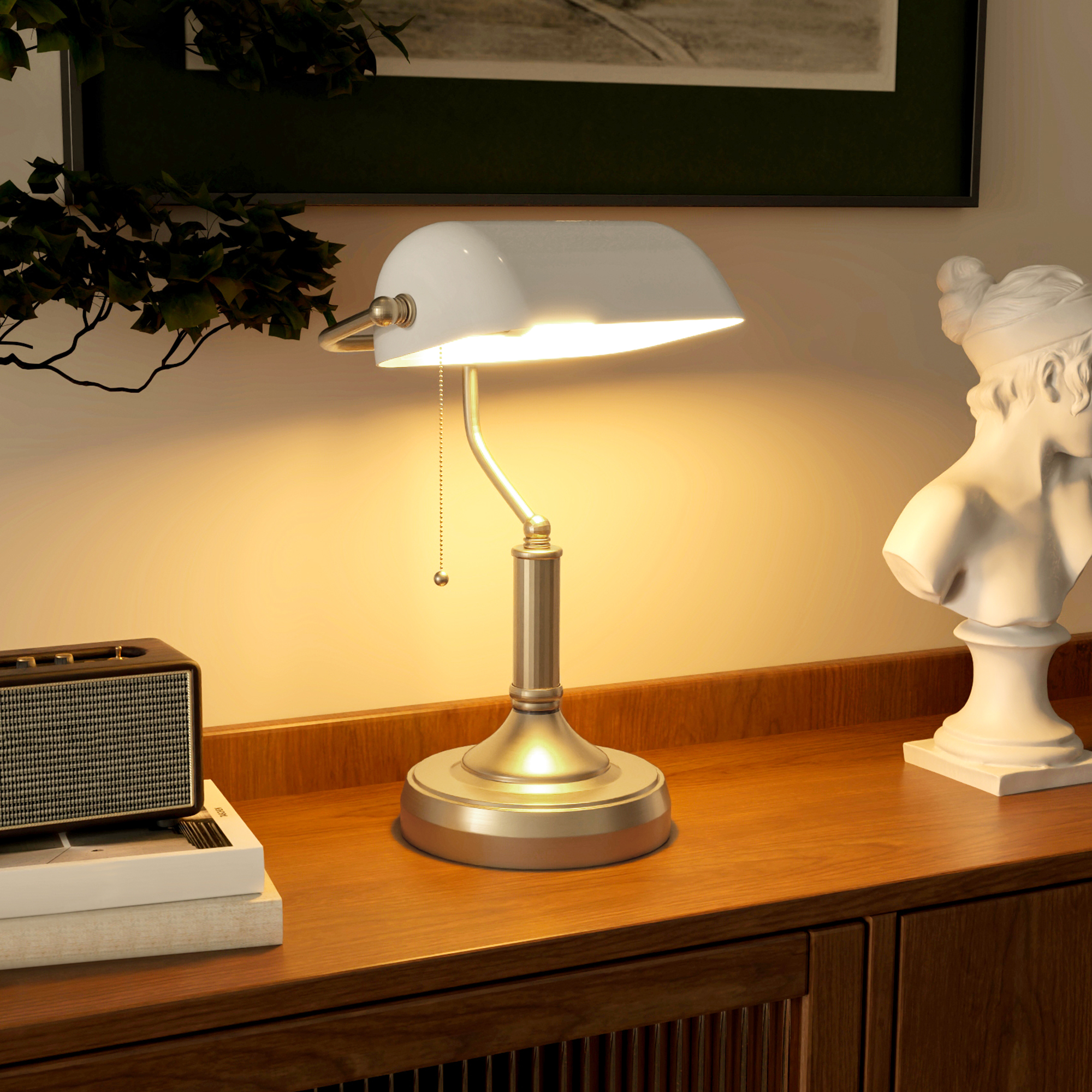 HOMCOM Banker's Desk Lamp with Antique Bronze Tone Base, Table Lamp with White Glass Shade for Home Office, White 8