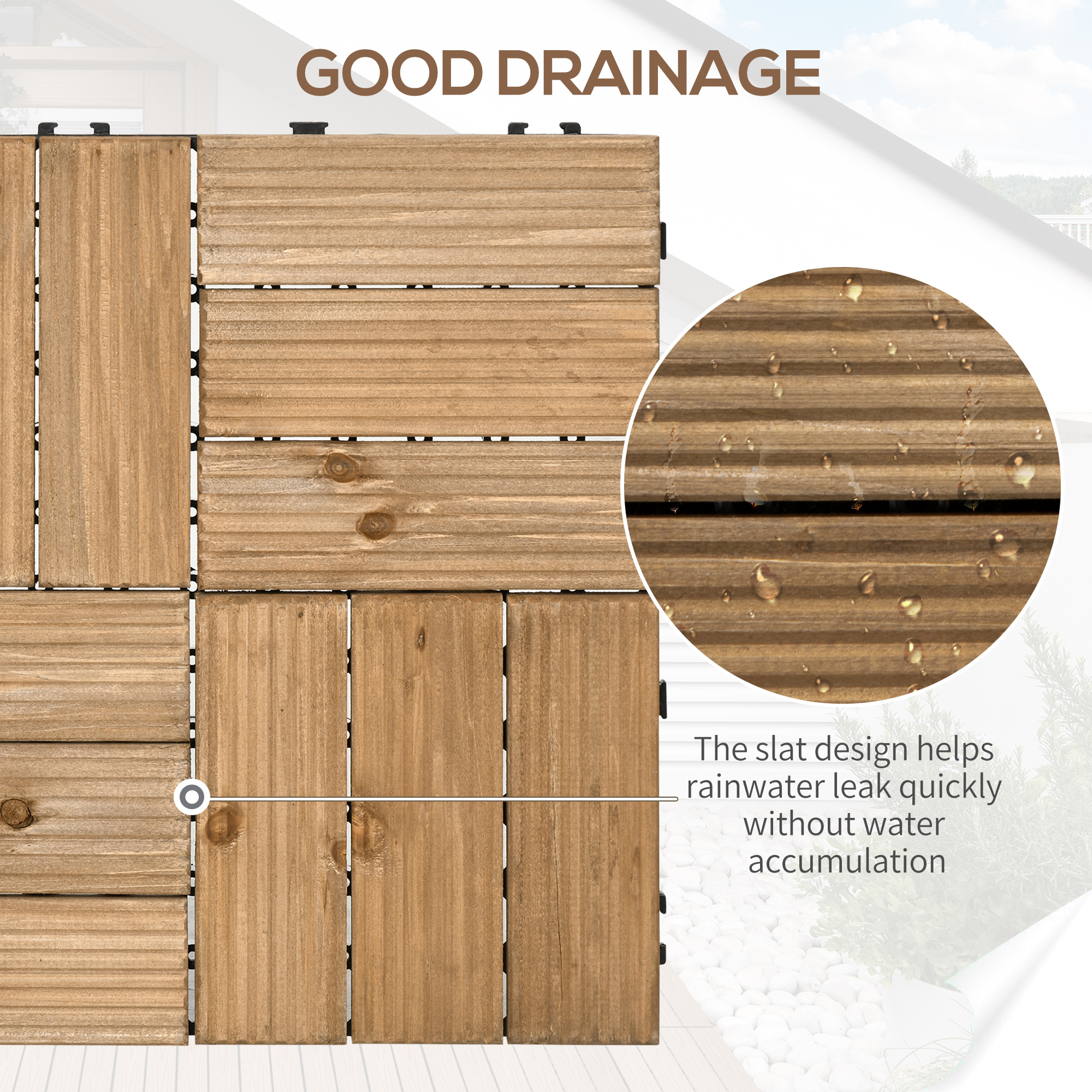 Outsunny 27 Pcs Wooden Interlocking Decking Tiles, Outdoor Flooring Tiles for Patio, Balcony, Terrace, Hot Tub, 30 x 30 cm per Piece, 2.5㎡ per Pack, Brown 5