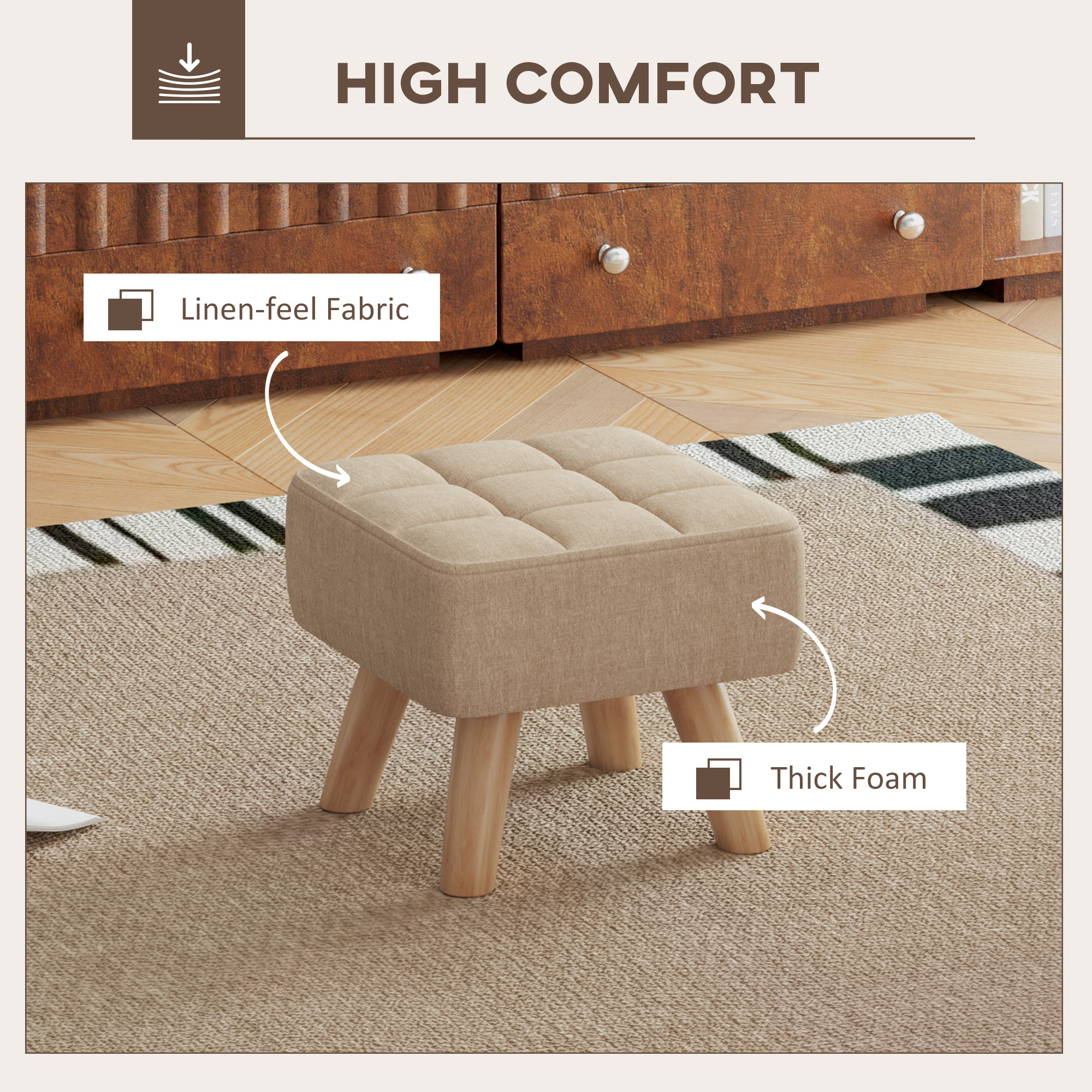 HOMCOM Linen-Look Square Padded Footstool Brown 5