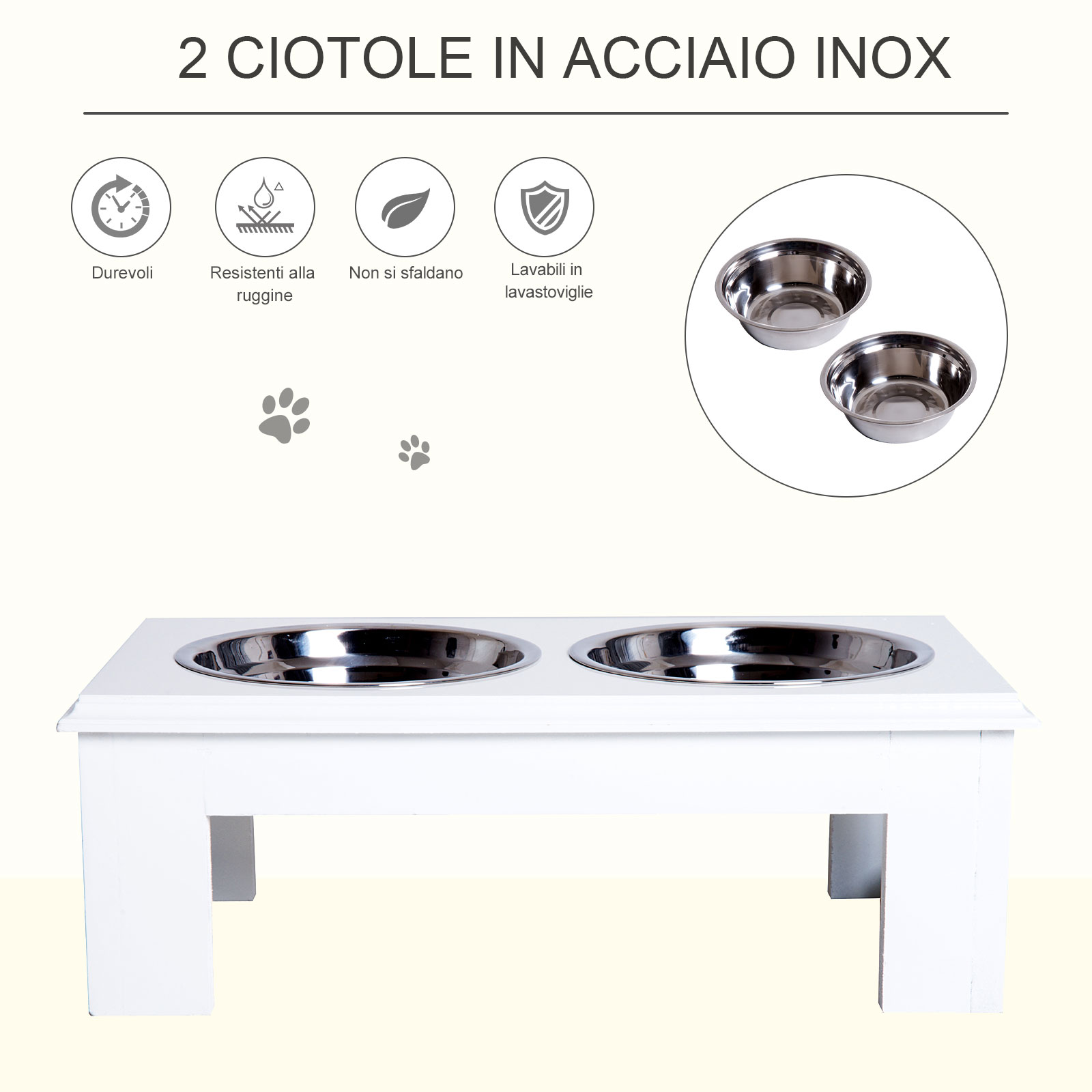 Ciotole rialzate per cani e gatti in legno cane porta ciotola, 2 in acciaio inox ciotole doppie per animali domestici, supporto di alimentazione mangiatoia sul piede con cerotto adesivo