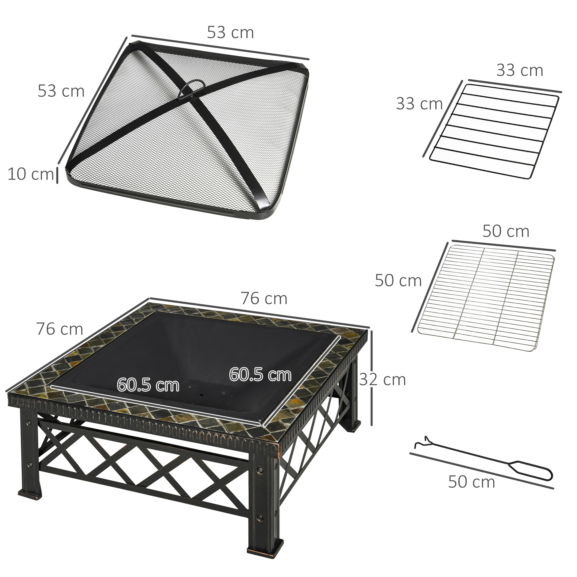 Outsunny Large Outdoor Fire Pit Table, 3 in 1 Square Wood Burning Firepit Metal Brazier, BBQ Grill, Ice Bucket w/ Grill Grate, Log Grate, Lid, Poker for Garden, Camping, Bonfire, 76 x 76 x 47cm, Black 3