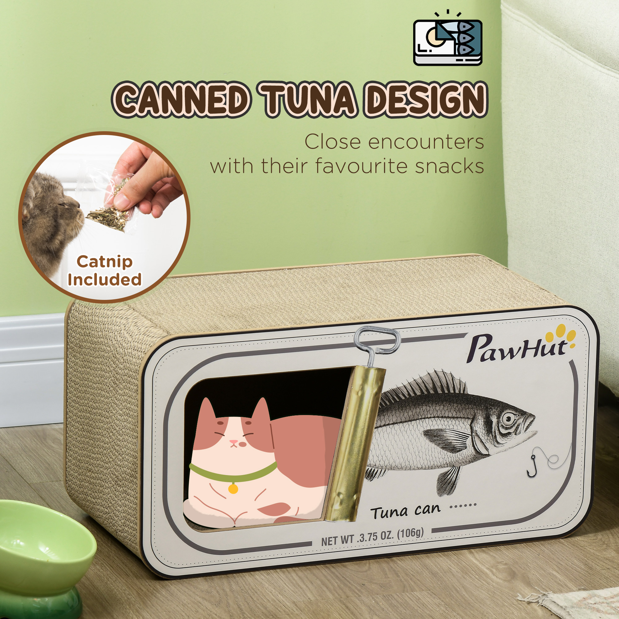 PawHut 2 in 1 Cat Scratching Board, Cardboard Cat House with Catnip, Canned Tuna Design 5