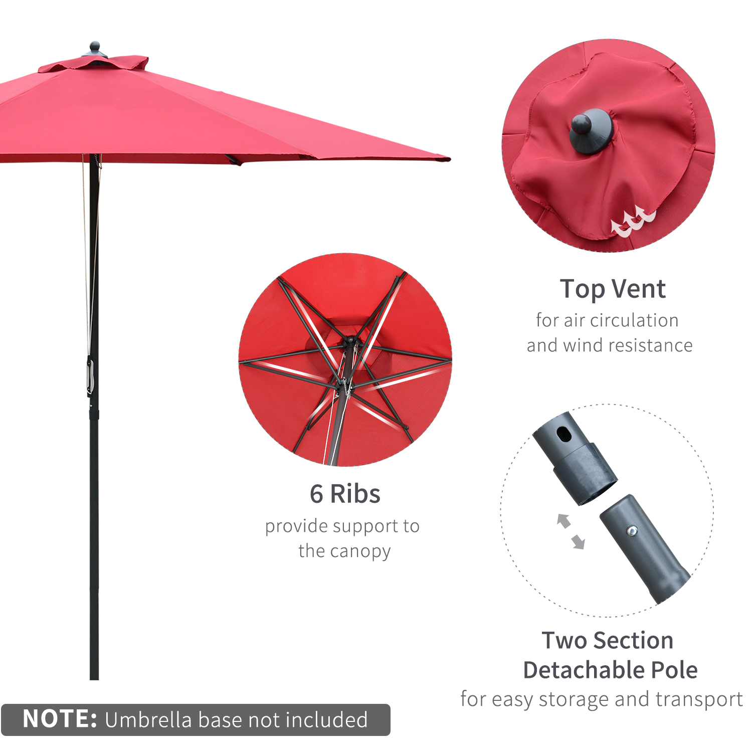 Outsunny 2.8m Garden Parasol Umbrella, Round Outdoor Market Table Umbrella Sun Shade Canopy, Wine Red 4