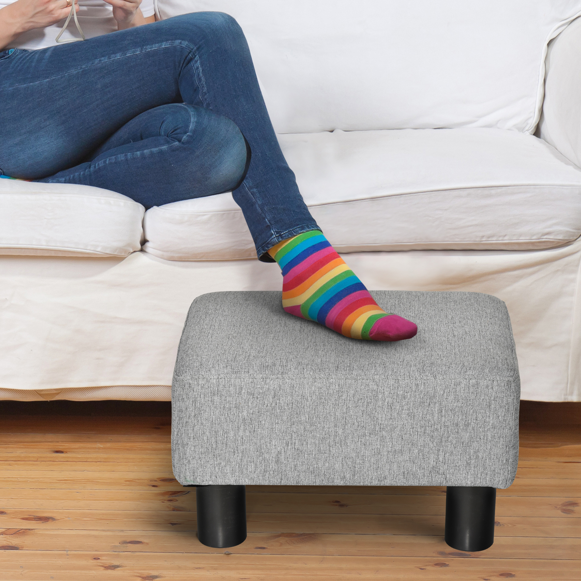 HOMCOM Poggiapiedi In Tessuto Di Lino Blu | Ottomano Piccolo 40x30x24cm | Con Struttura In Legno E Imbottitura In Spugna, Portata 100kg - 2