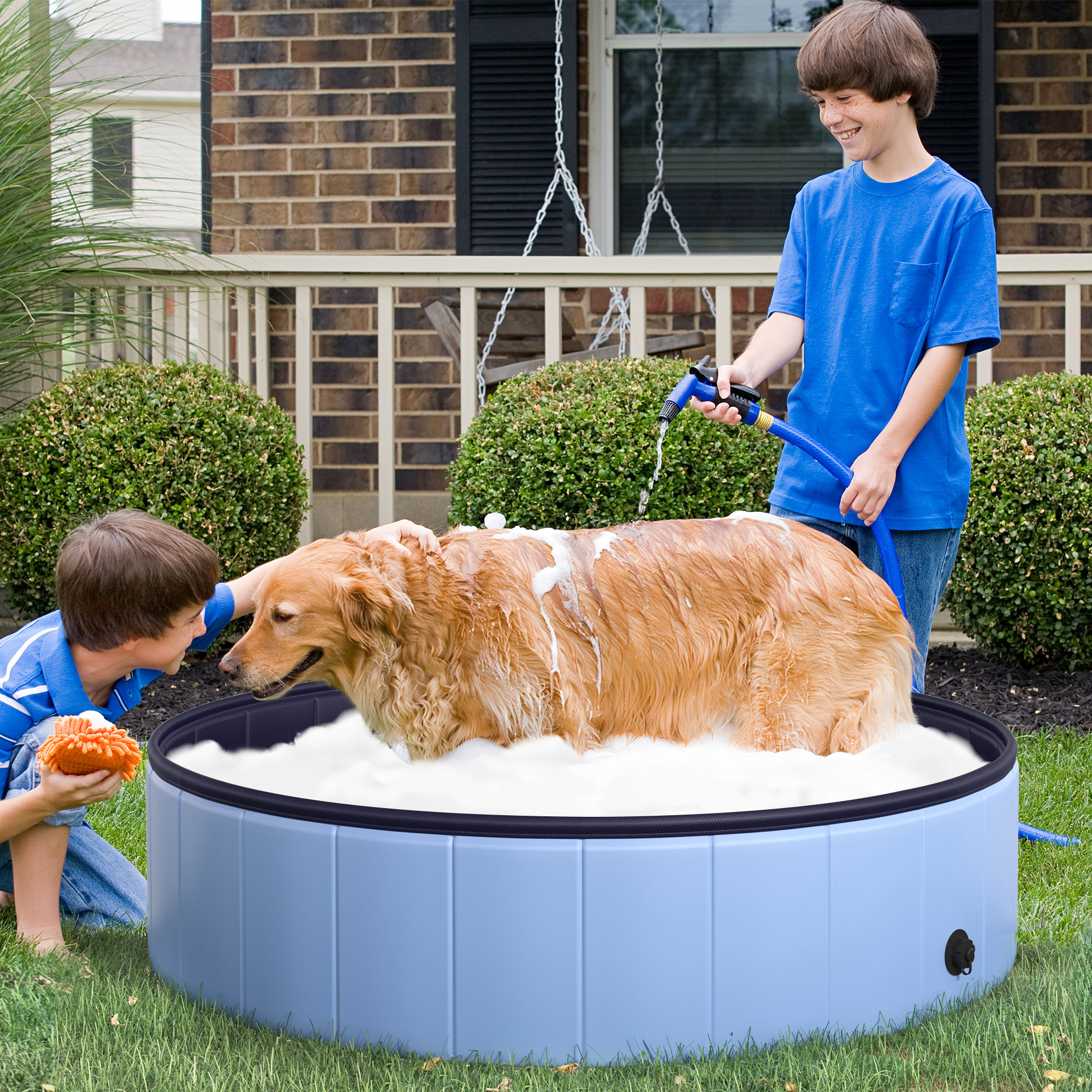 PawHut Foldable Dog Pool, 80 x 20 cm Pet Paddling Pool with Wood Board Support and Anti-Slip Bottom, Portable Doggy Paddling Pool for Garden and Outdoor Use, Red
