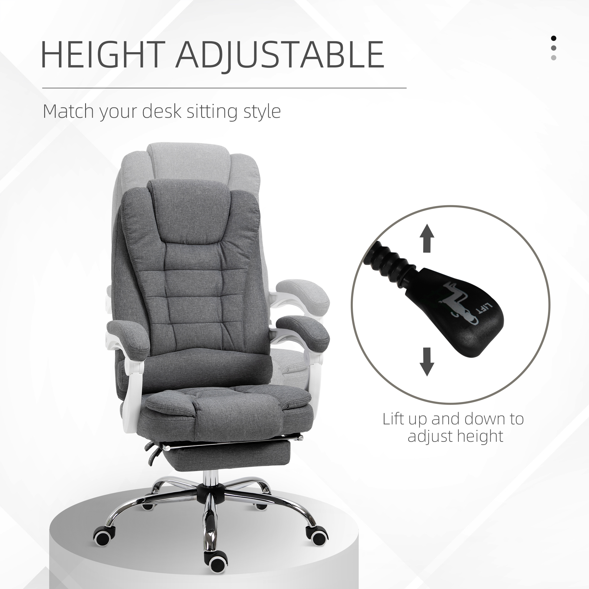 Vinsetto Office Chair, Computer Desk Chair, Linen Fabric Swivel Rolling Task Chair with Large Soft Padded Cushion, 135° Reclining Backrest and Retractable Footrest, Grey 6