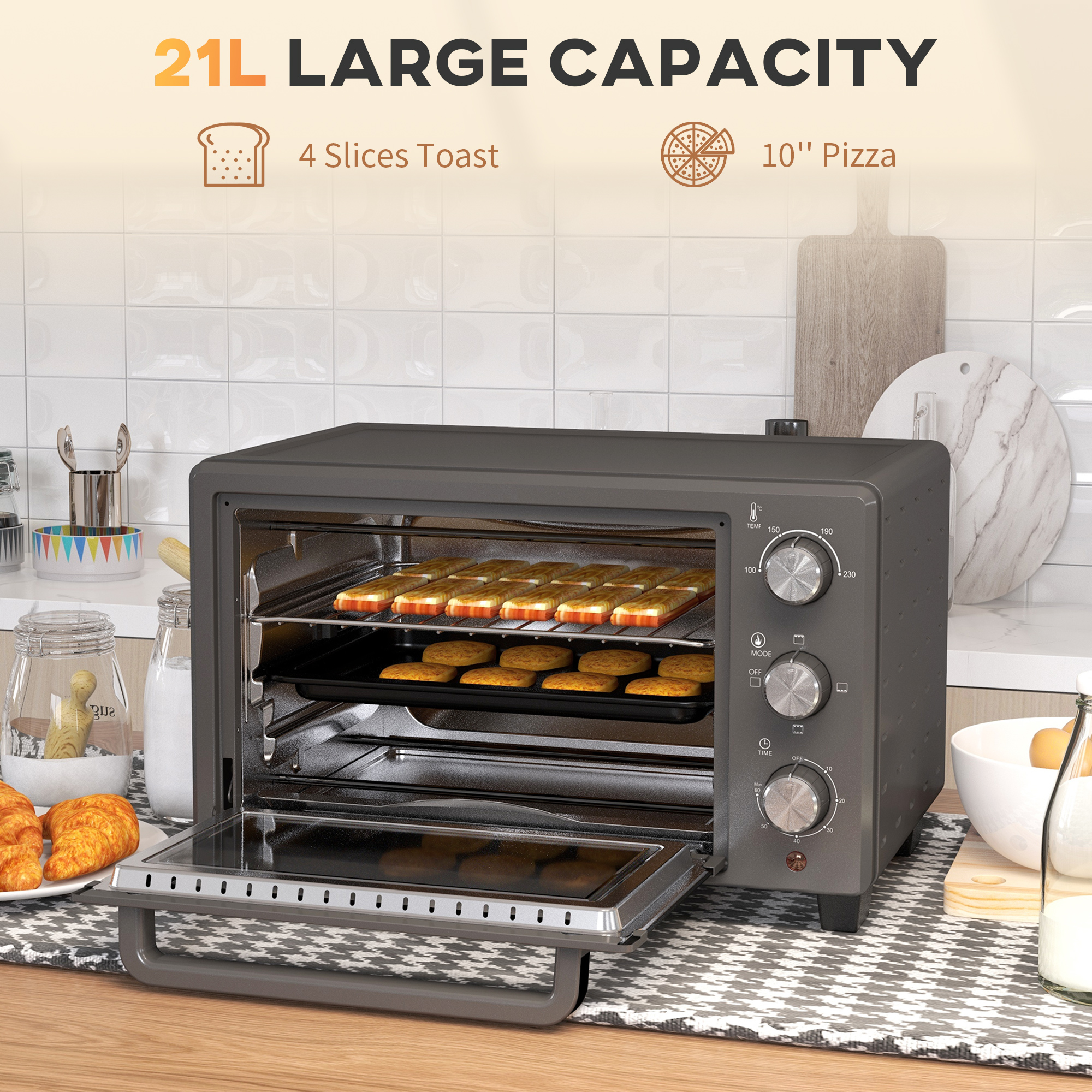 HOMCOM 21L Mini Countertop Oven, 100°C-230°C Adjustable Temp Grey 4