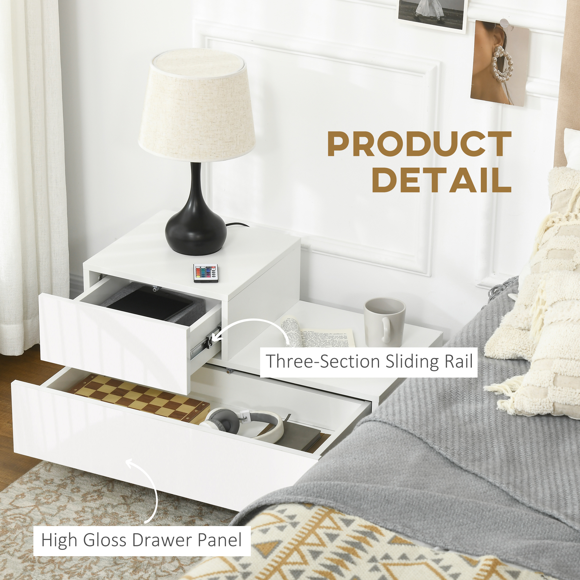 HOMCOM High Gloss Front Bedside Table with Drawers Nightstand with RGB LED Light and Remote for Bedroom Living Room White 6