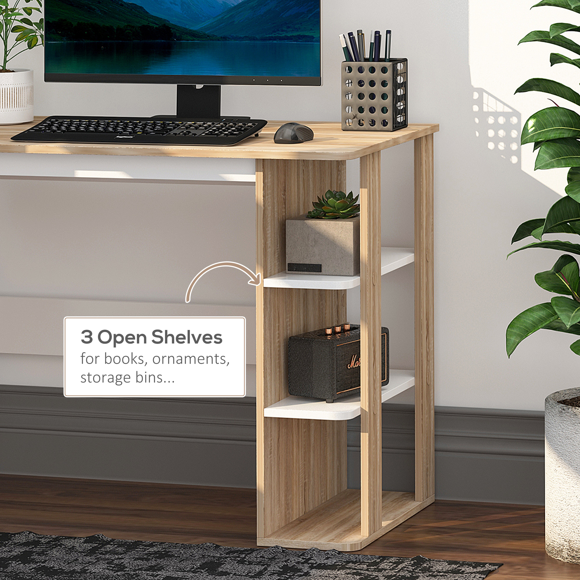 HOMCOM Computer Desk, Writing Desk with 3-Tier Storage Shelf, Work Table for Home Office, Study, Living Room, Oak and White 4