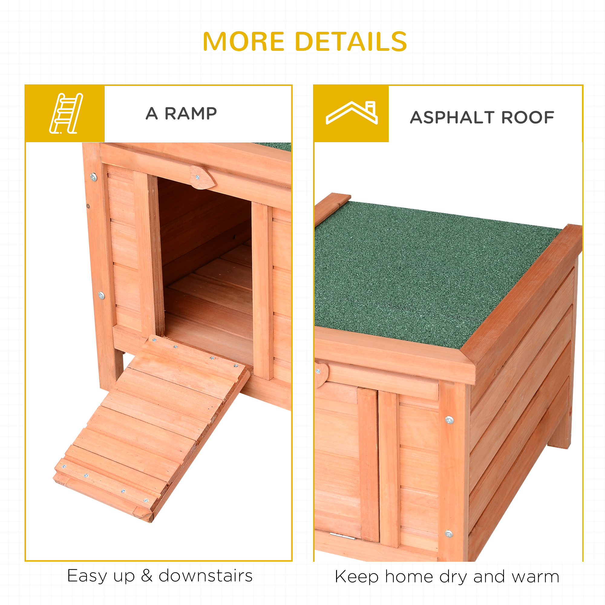 PawHut Wooden Rabbit Hutch Outdoor, Guinea Pig Hutch, Rabbit Hideaway, Cat House, Bunny Cage Small Animal House with Openable Roof, 51 x 42 x 43 cm, Natural 6