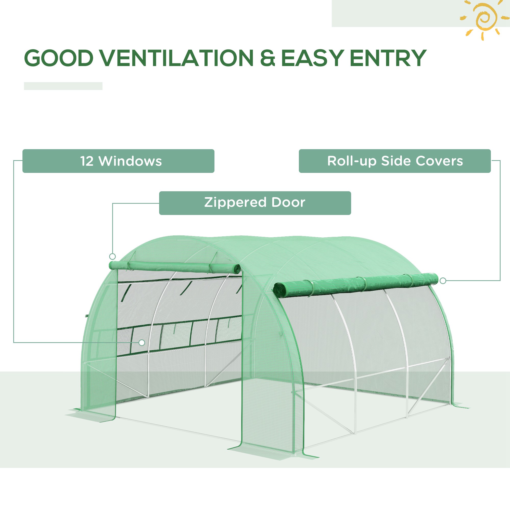Outsunny Polytunnel Greenhouse Walk-in Grow House Tent with Roll-up Sidewalls, Zipped Door and 6 Windows, 3x3x2m Green 5