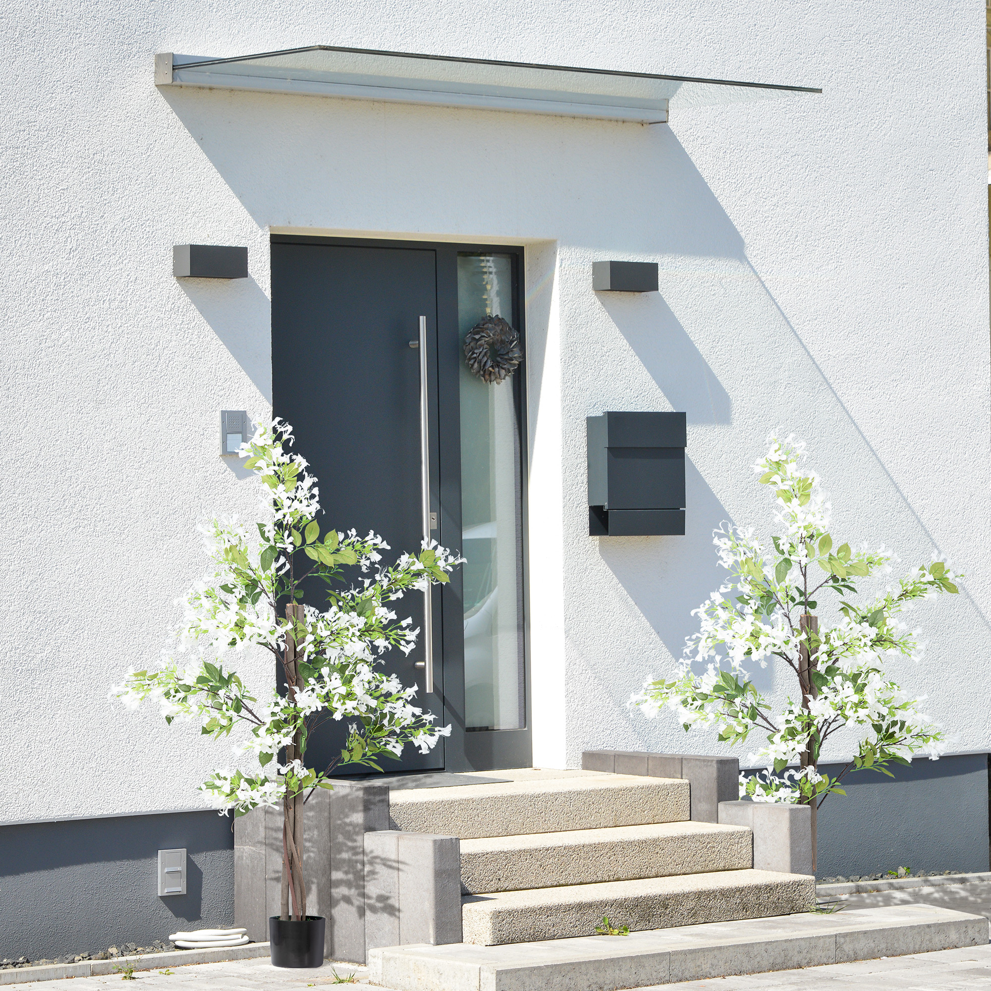 HOMCOM Artificial Plants Honeysuckle Flower in Pot Fake Plants with Curved Boots for Indoor Outdoor 15x15x150cm Set of 2 White 2
