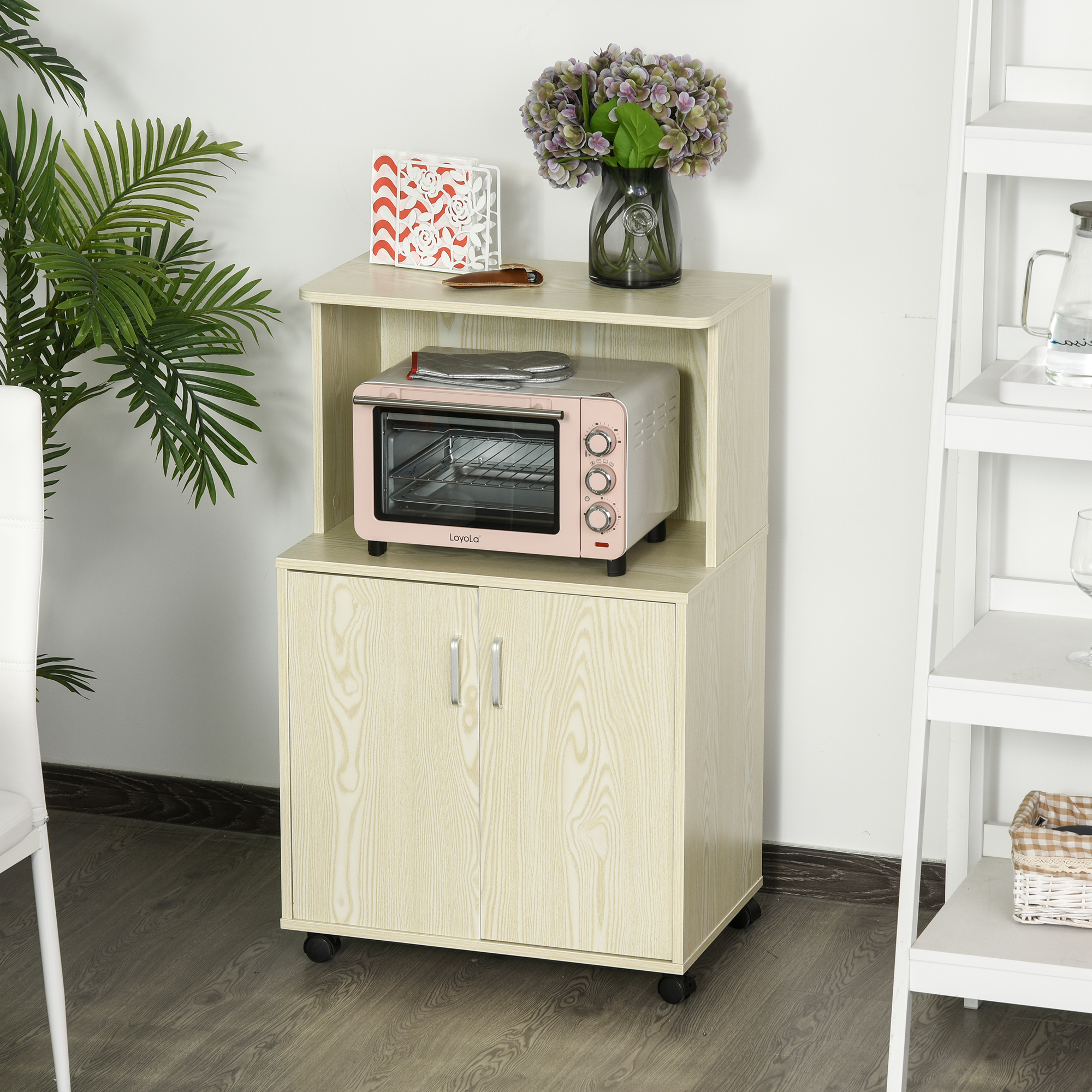HOMCOM Kitchen Storage Unit, Modern Microwave Stand Trolley Cart, Sideboard with Cabinet,  Locking Wheels, Shelf for Living Room, Dining Room, Oak Tone 2