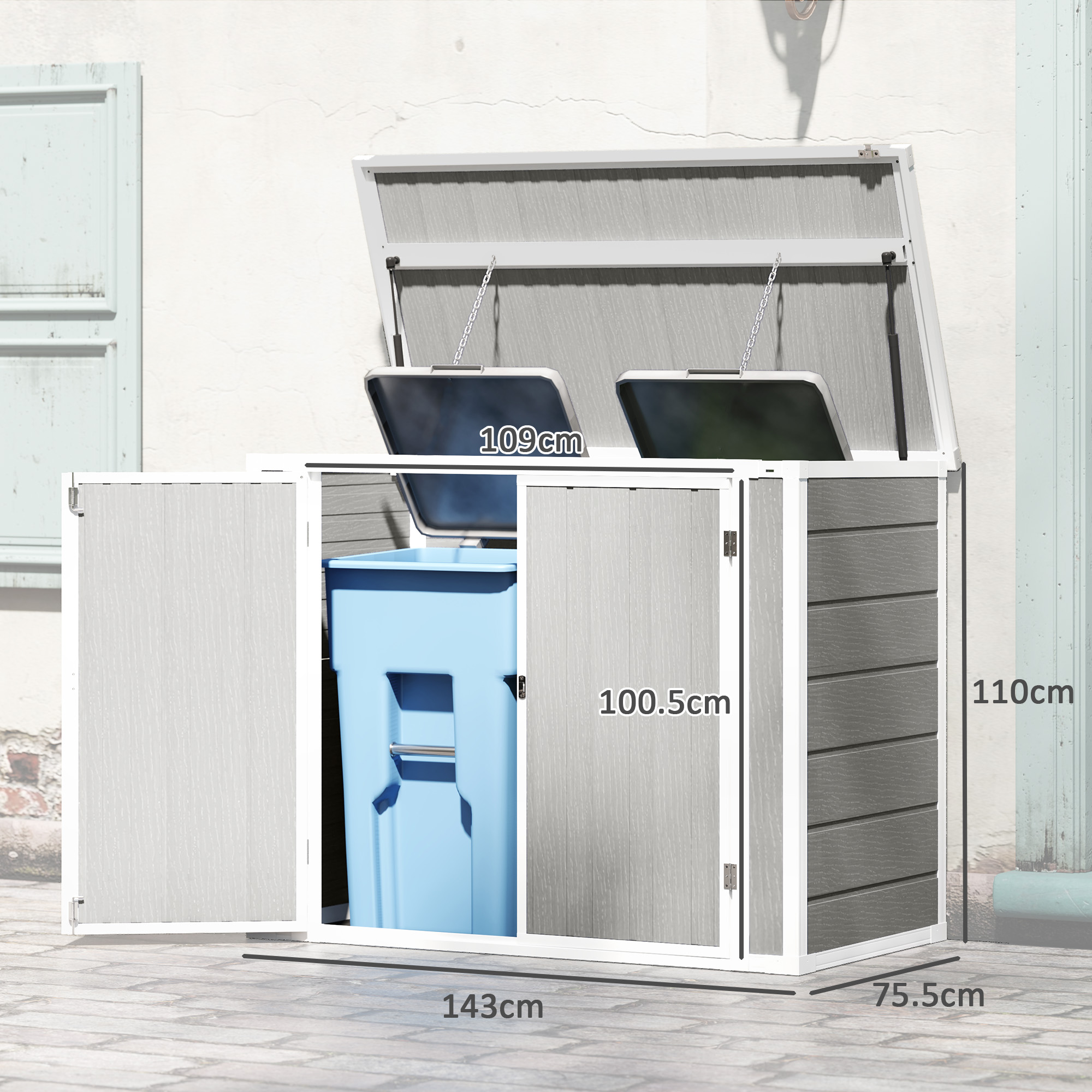 Outsunny 4.7 x 2.5FT Garden Shed, Lockable Outdoor Storage with Openable Lid, Small Shed for 2 Trash Cans, Tools, Patio, Light Grey 3