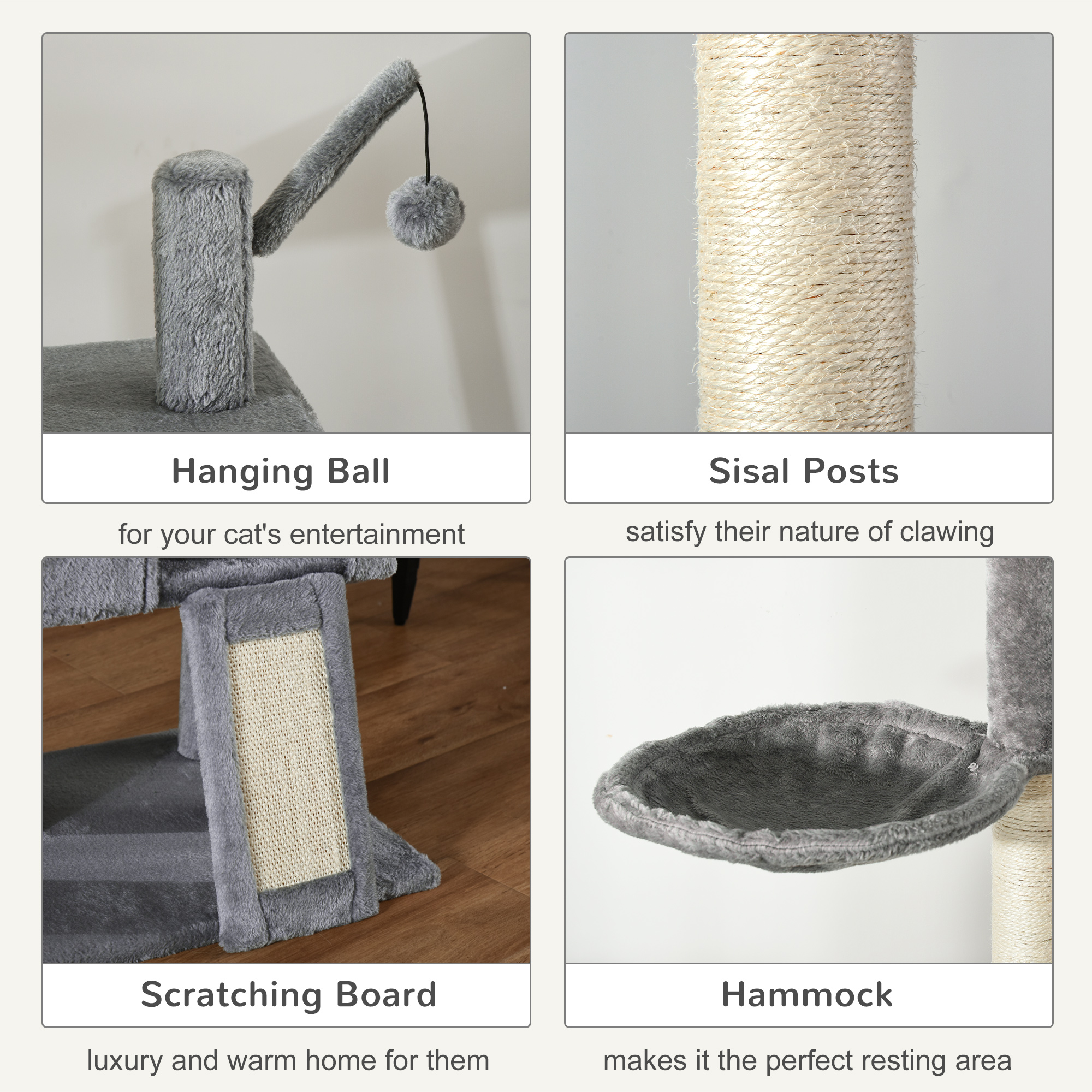 PawHut 270cm Floor To Ceiling Cat Tree Cat House Scratching Post for Indoor Cats Hammock Hanging Ball Activity Center Grey 6