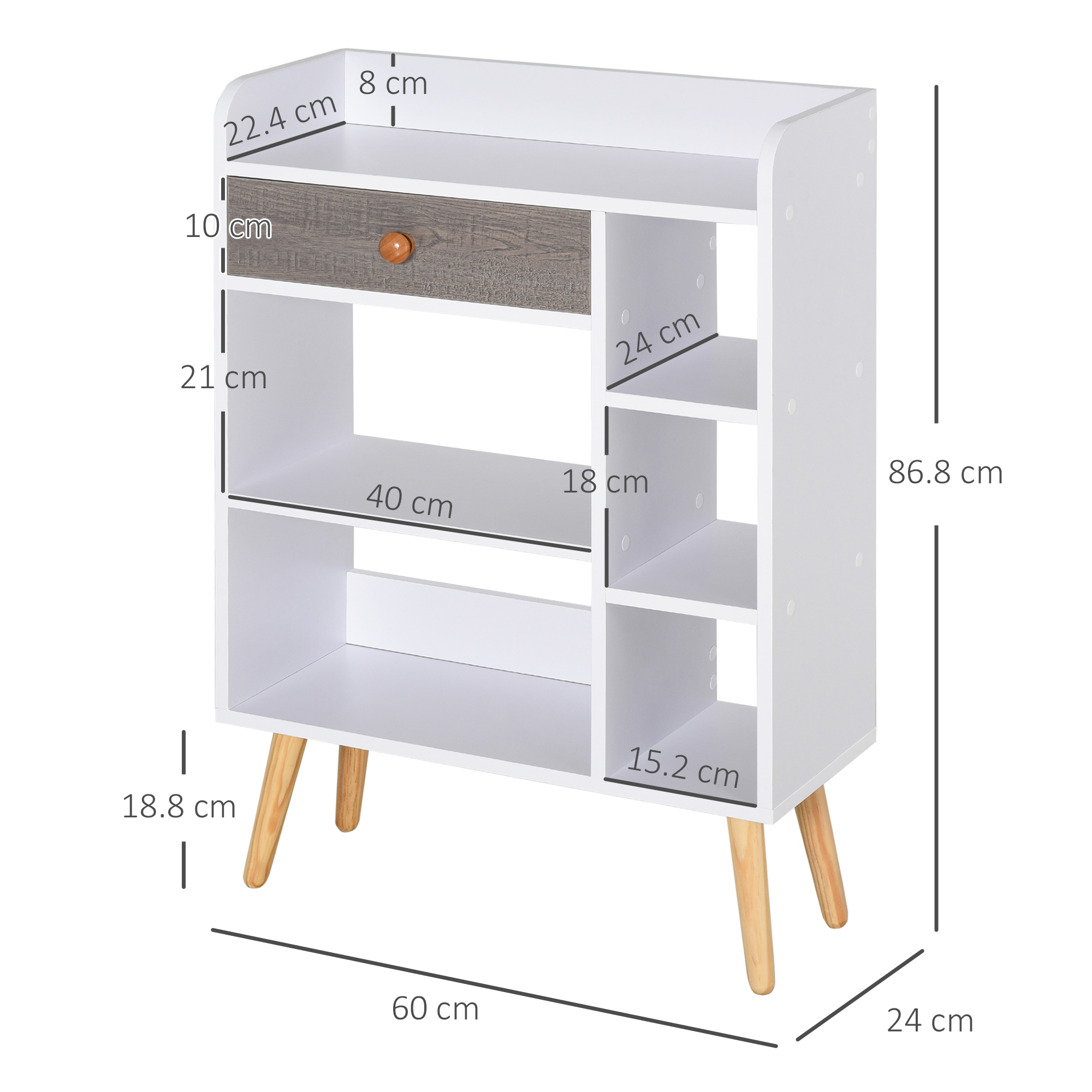 HOMCOM Bookcase, Freestanding Book Shelf with Storage Drawer, 6 Shelves and Wood Legs for Home Office Display, White and Grey, 24D x 60W x 86.8H cm 3