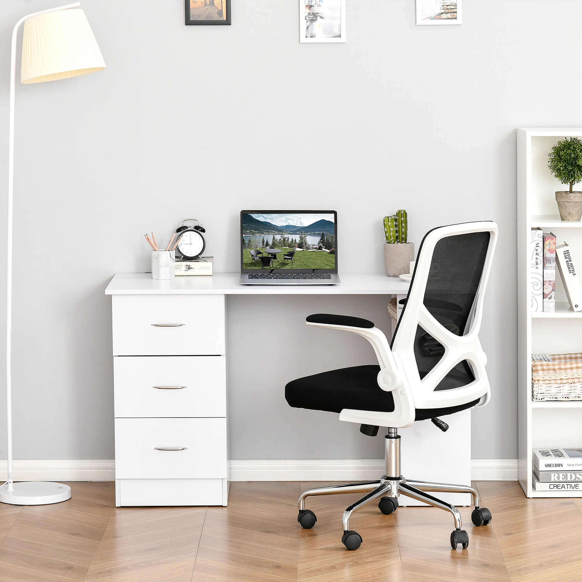 HOMCOM Computer Desk, Writing Table, PC Workstation with 3 Storage Shelves and Drawers, Silver Handle, for Home Office, White 7