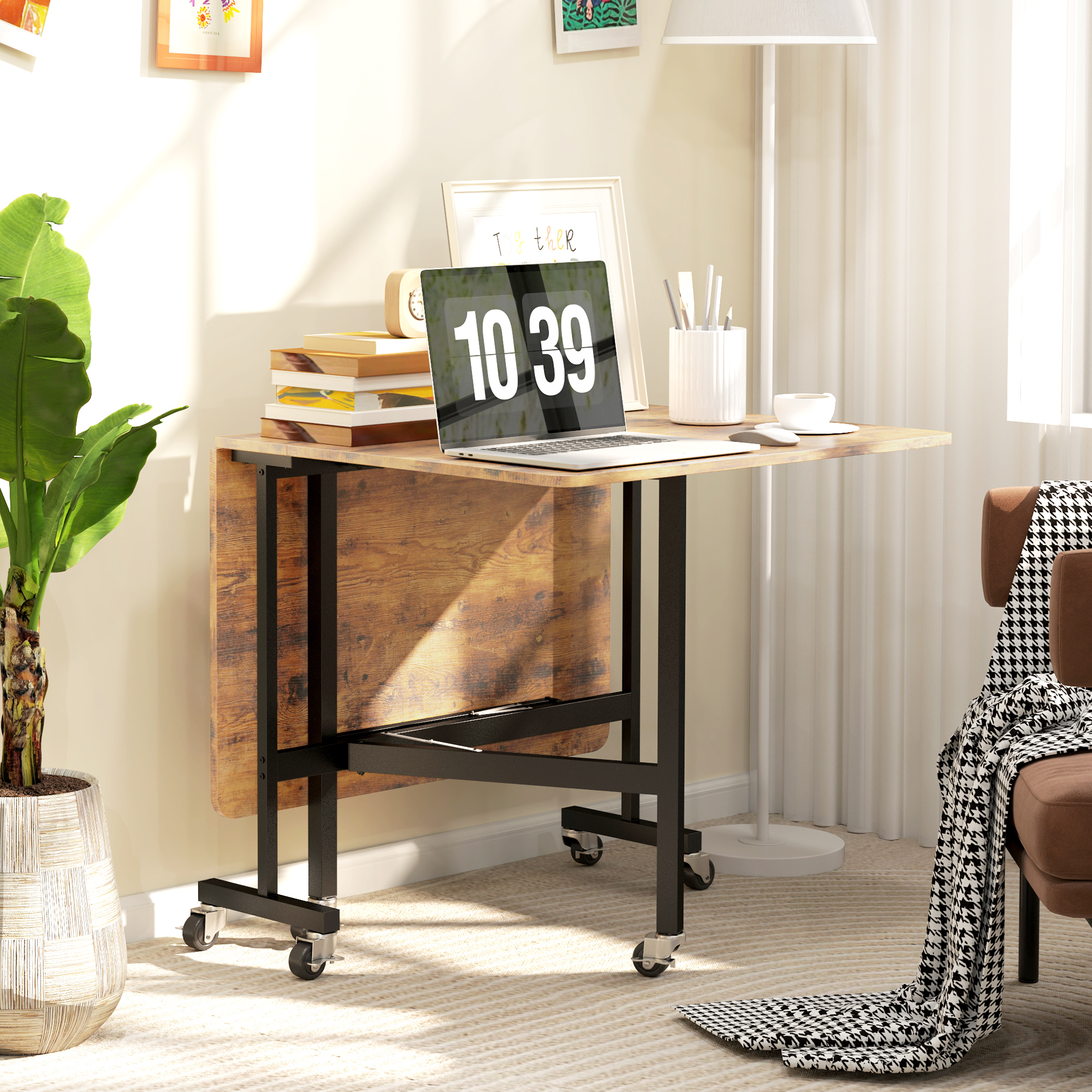 HOMCOM Six-Seater Drop-Leaf Dining Table, with Wheels Brown Wood-Effect 7