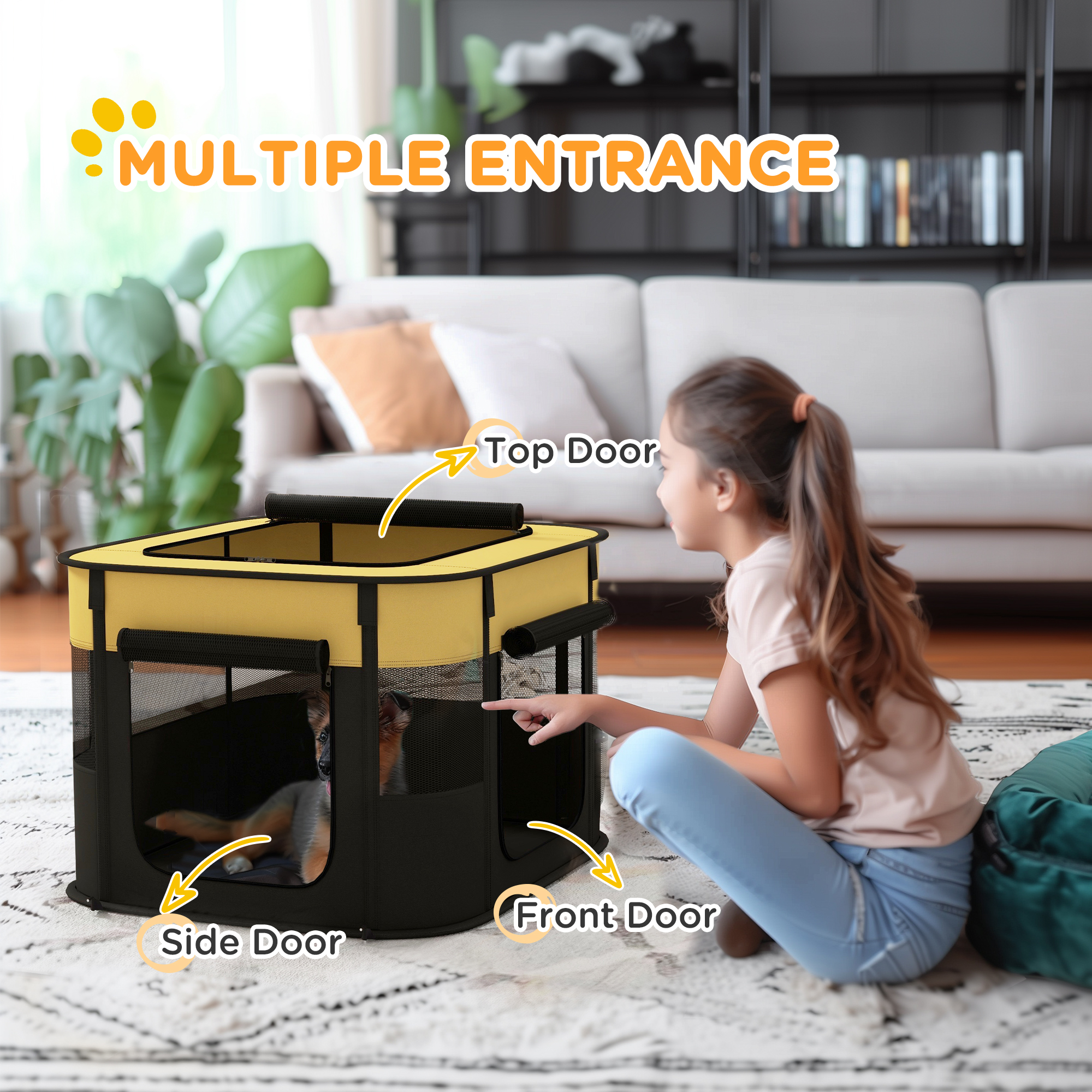 PawHut Foldable Dog Pen with Storage Bag for Indoor/Outdoor Use, Portable Pet playpen, with Ground Stakes Yellow 5