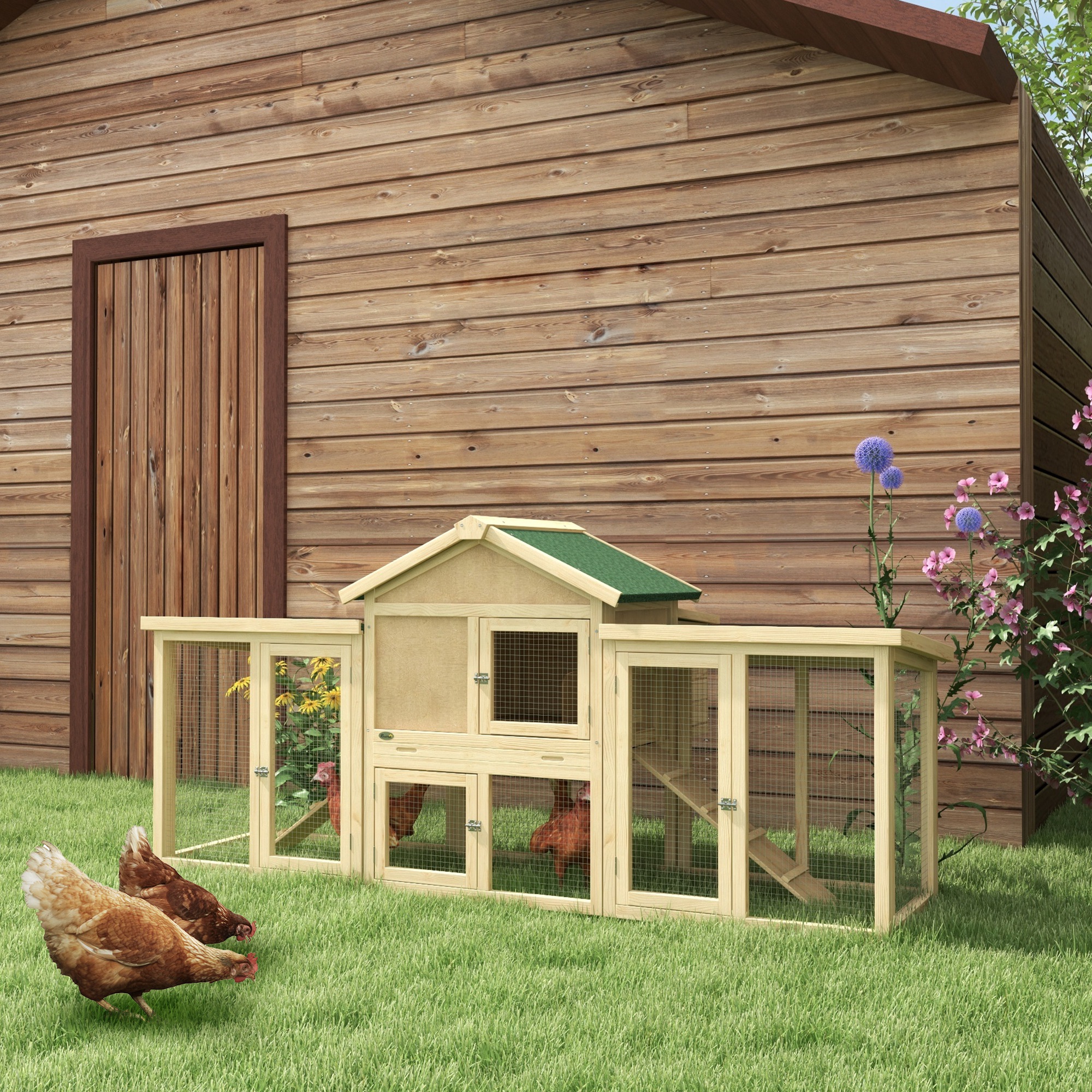 PawHut Large Chicken Coop, Wooden Garden Hen House, Poultry Coops Cages with Run, Nesting Box, Natural Wood Finish 2