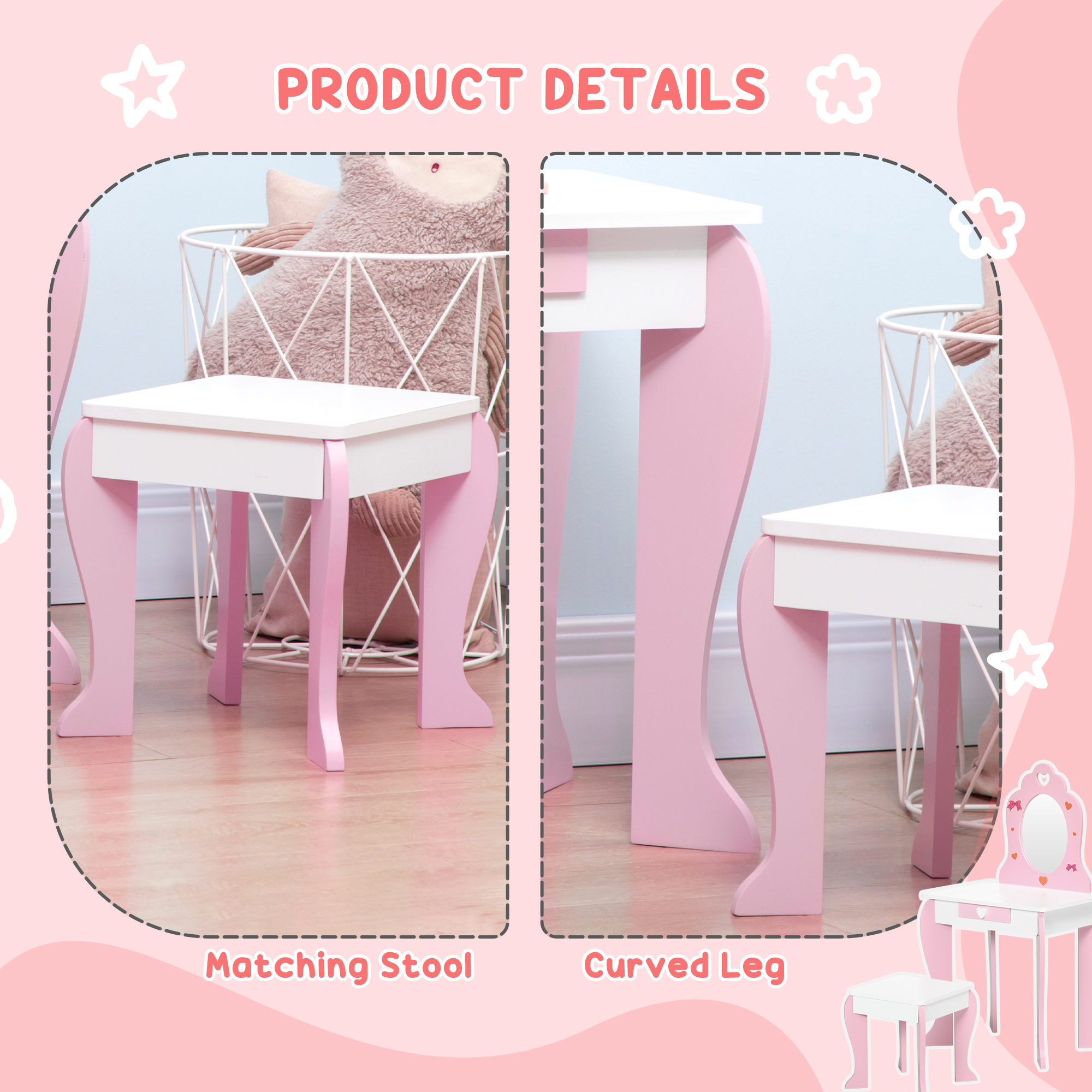 ZONEKIZ Kids Dressing table Set w/ Mirror, Stool, Drawer, Cute Patterns, for Ages 3-6 Years Pink 6