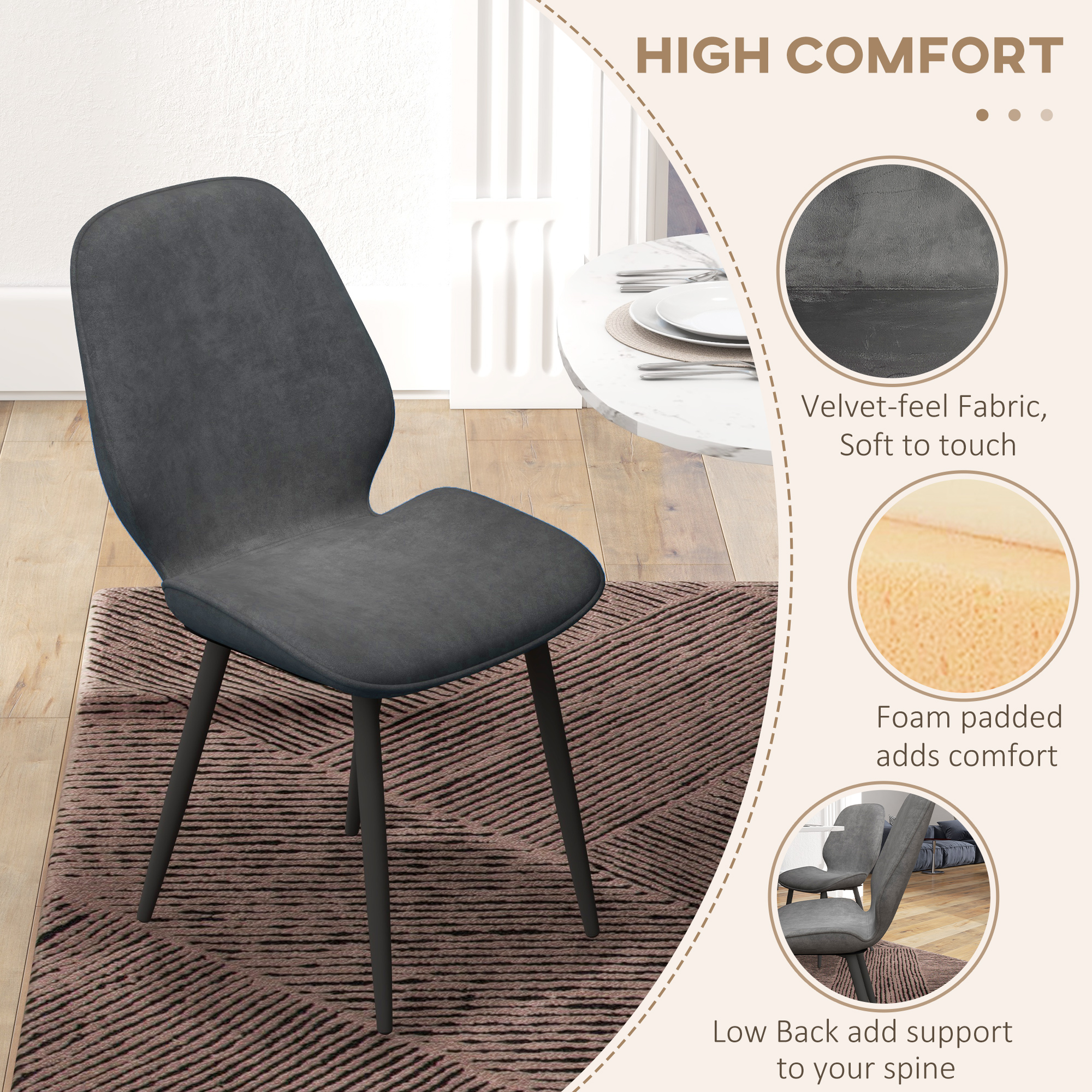 HOMCOM Velvet Dining Chairs, Set of 2 Dining Room Chairs with Metal Legs for Living Room, Dining Room, Grey 5
