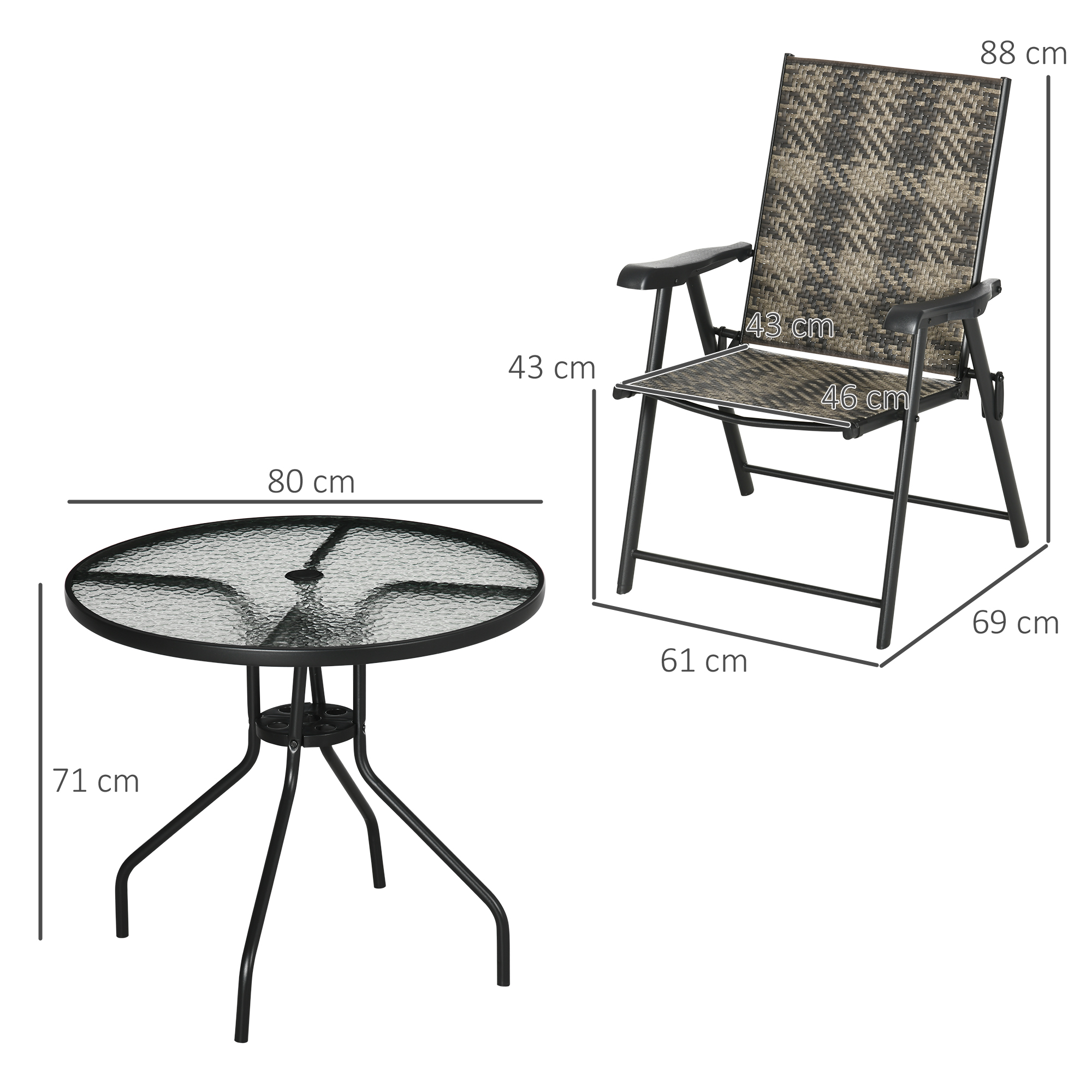 Outsunny 4 Seater Rattan Dining Set, Rattan Garden Furniture Set with Parasol Hole, Outdoor Dining Table and Chairs with 4 Armchairs, Round Glass Top Table for Patio, Balcony, Mixed Grey 3