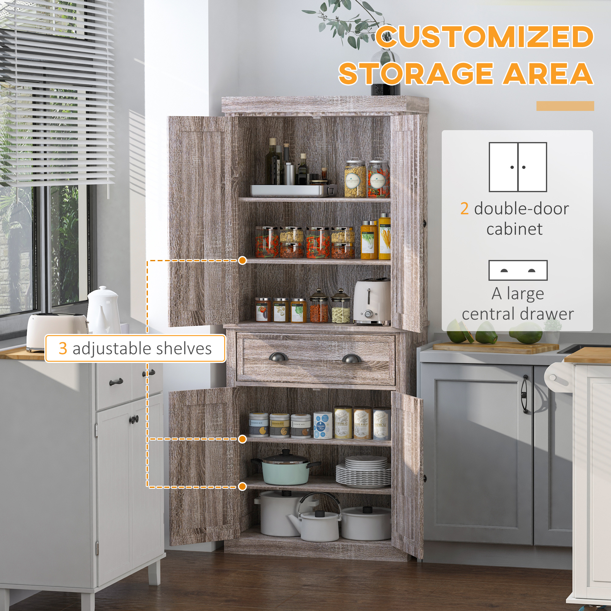 HOMCOM Freestanding Kitchen Cupboard, 184cm Tall Storage Cabinet with Doors and Shelves, Traditional Colonial 4-Door Kitchen Pantry Cupboard with Drawer, Dark Wood Grain 4