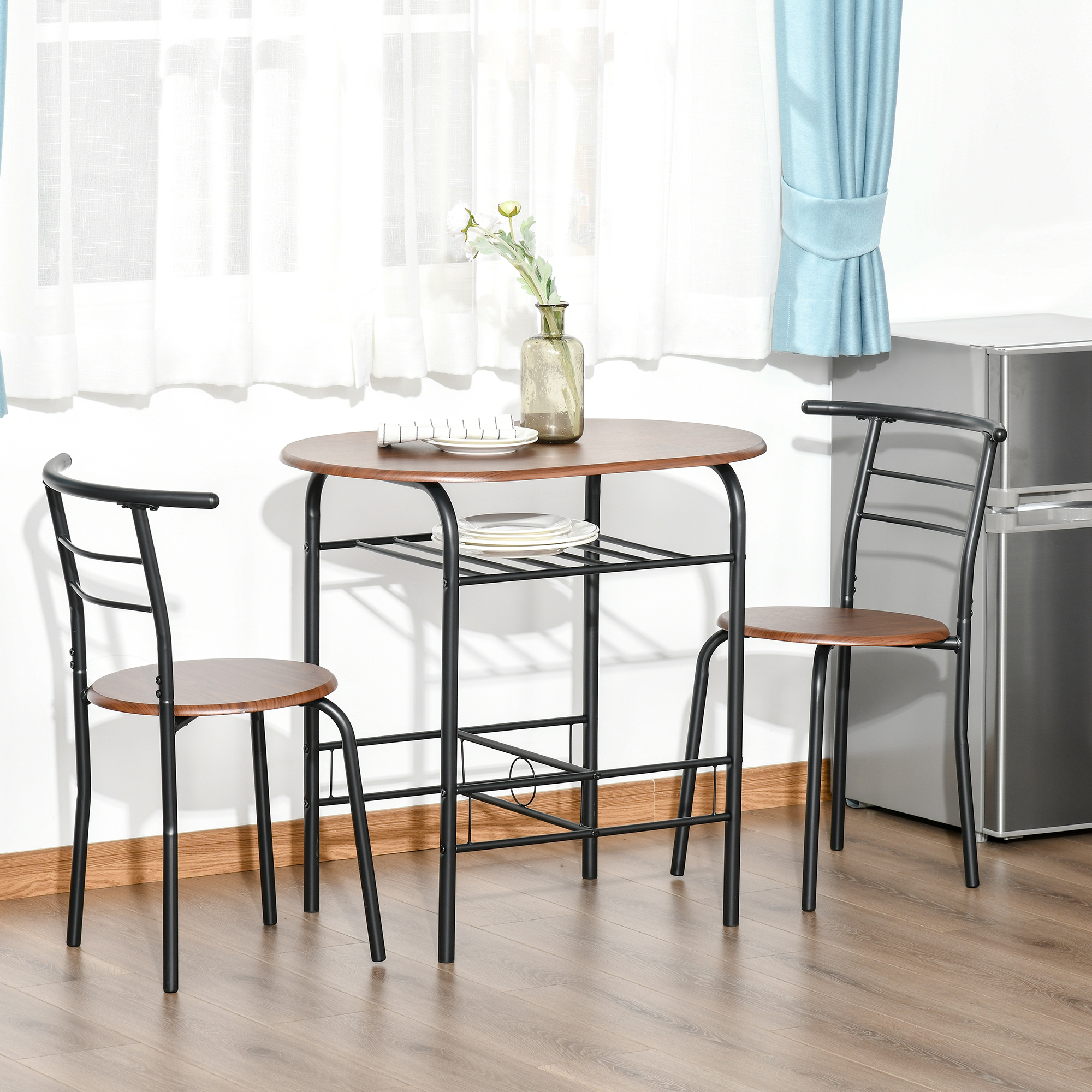 HOMCOM Dining Table and Chairs Set 3, Breakfast Bar Table and 2 Chairs w/ Shelf, Wood-Effect Tabletop for Small Space 7